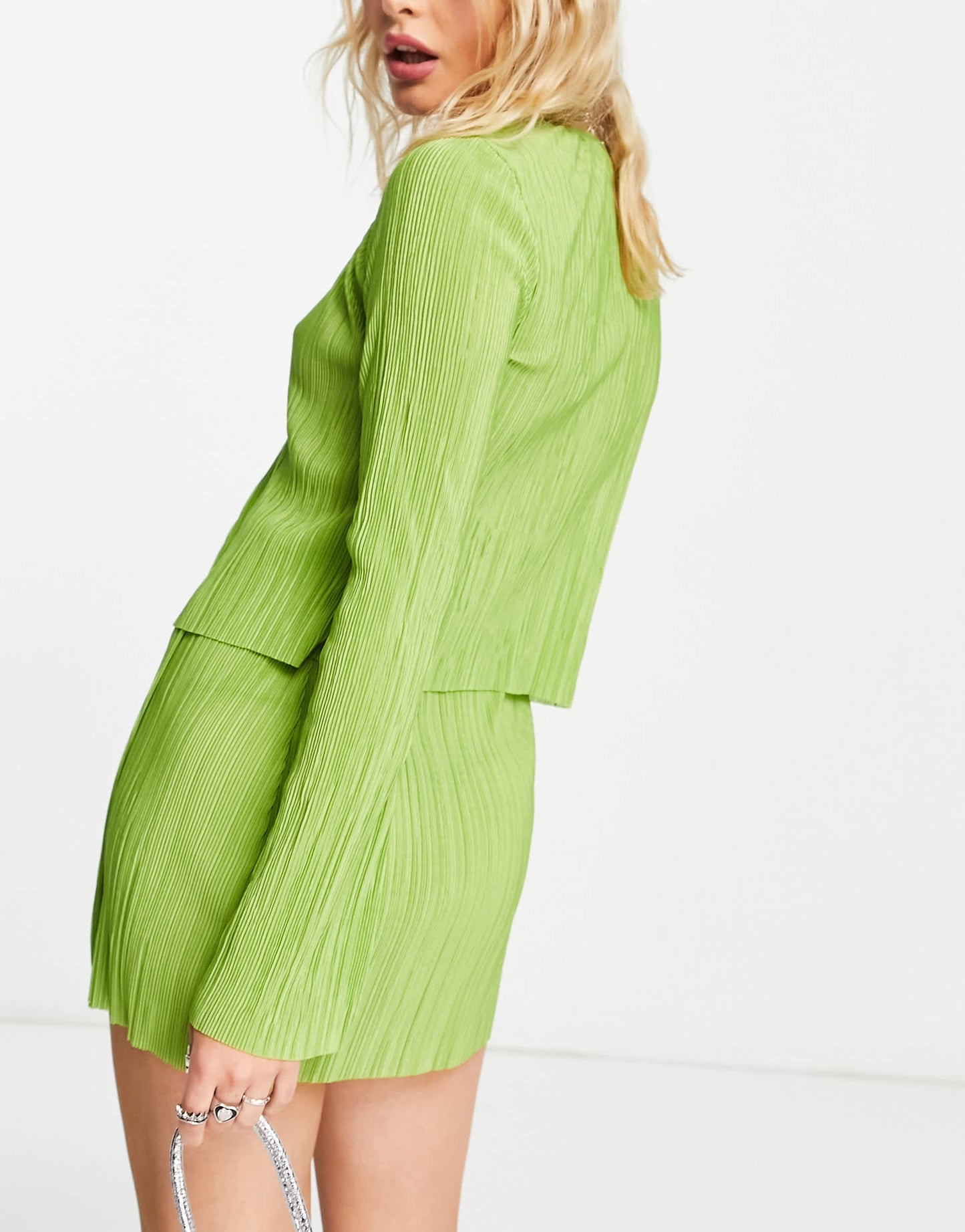 Bershka plisse mini skirt co-ord in lime green