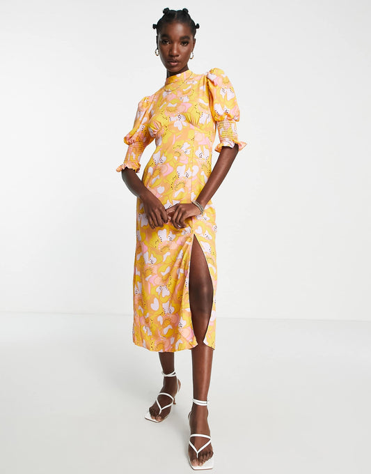 River Island floral curved seam midi dress in orange