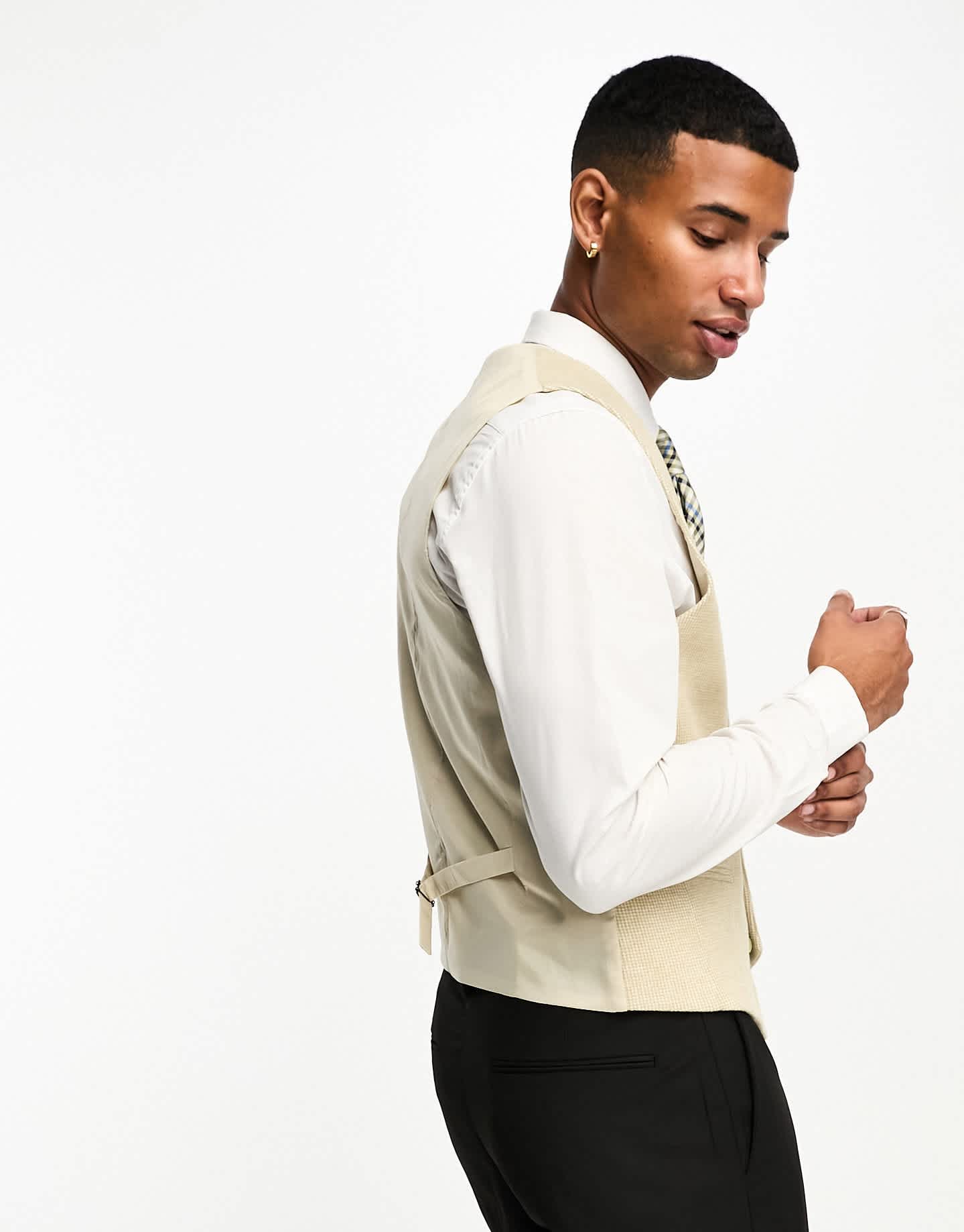 ASOS DESIGN wedding super skinny wool mix waistcoat in stone puppytooth