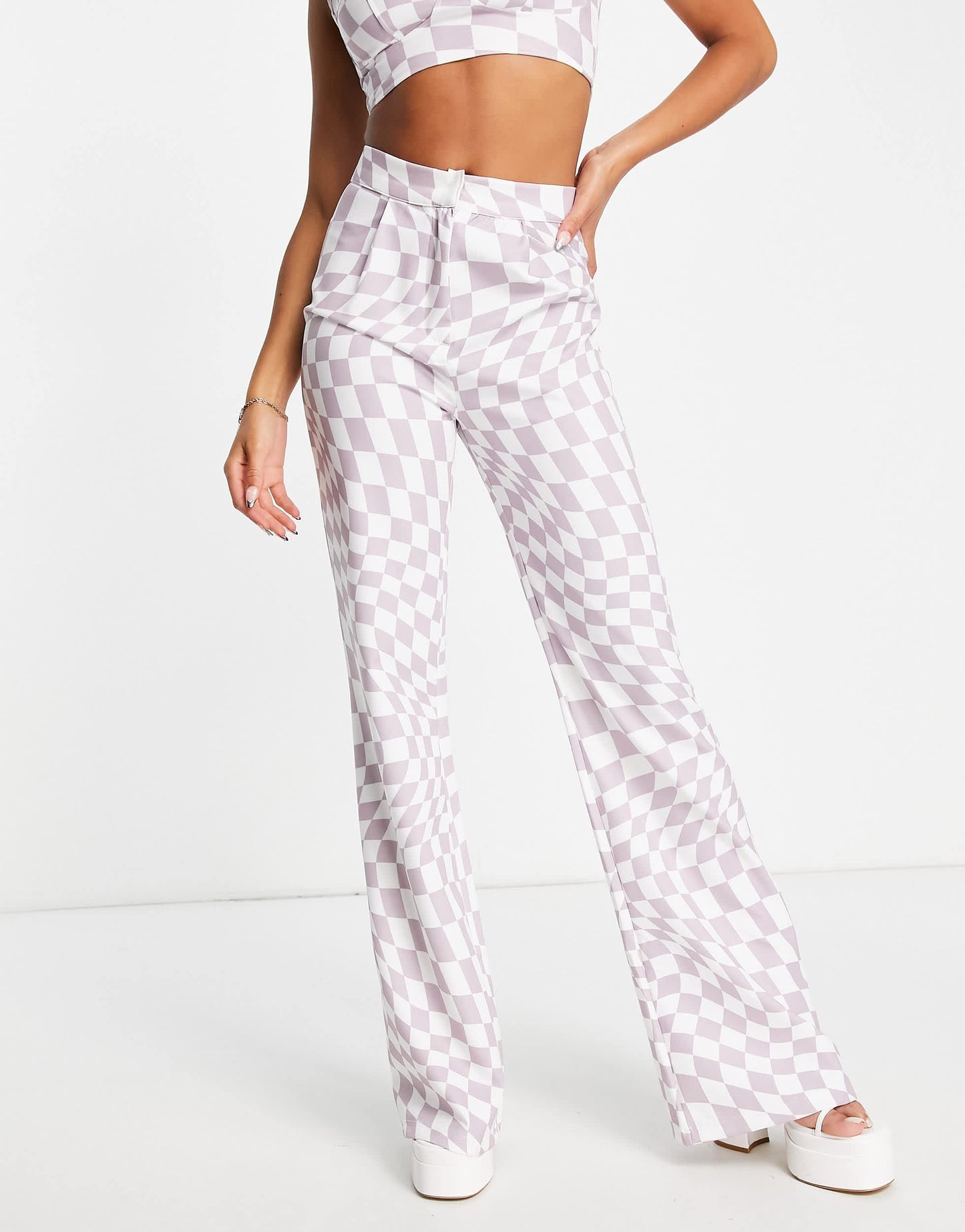 Rebellious Fashion high waist trousers co-ord in lilac check