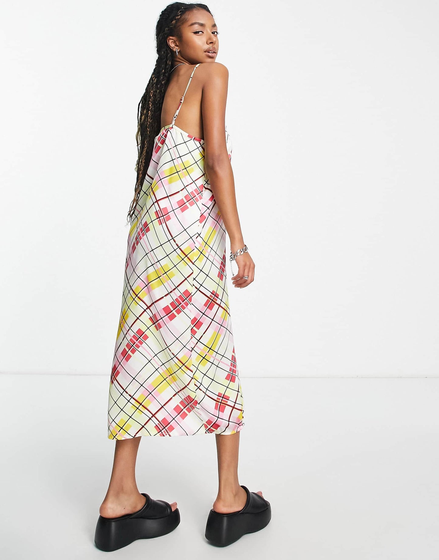 Heartbreak satin midi slip dress with split in check