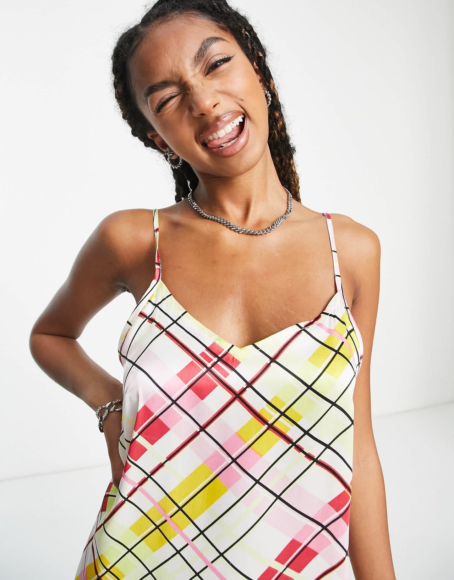 Heartbreak satin midi slip dress with split in check