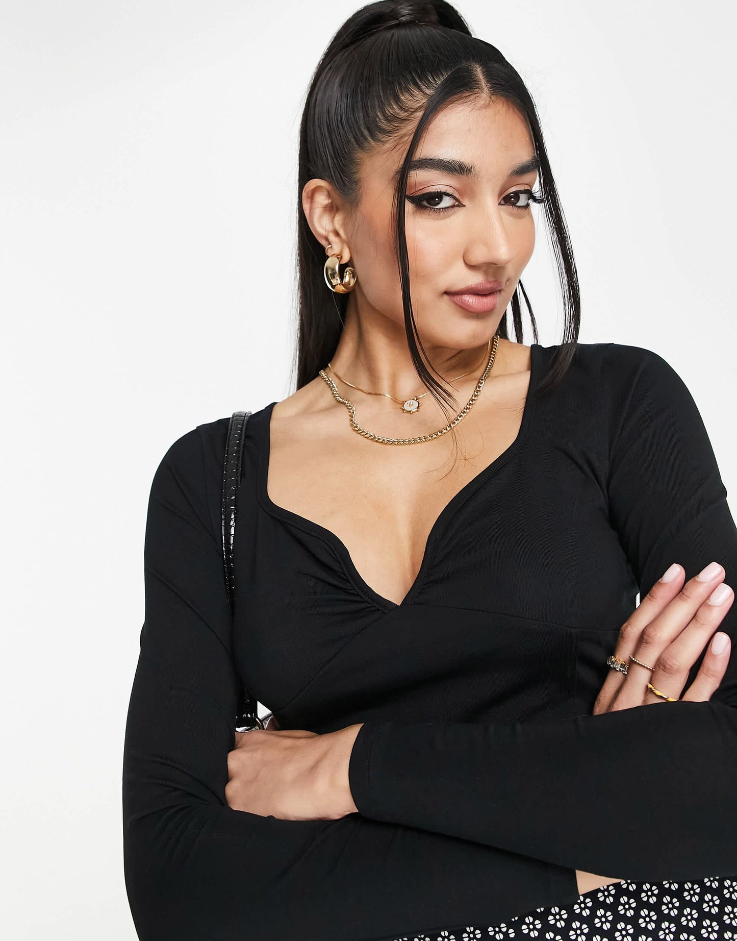 Miss Selfridge long sleeve crop top with sweetheart neckline in black