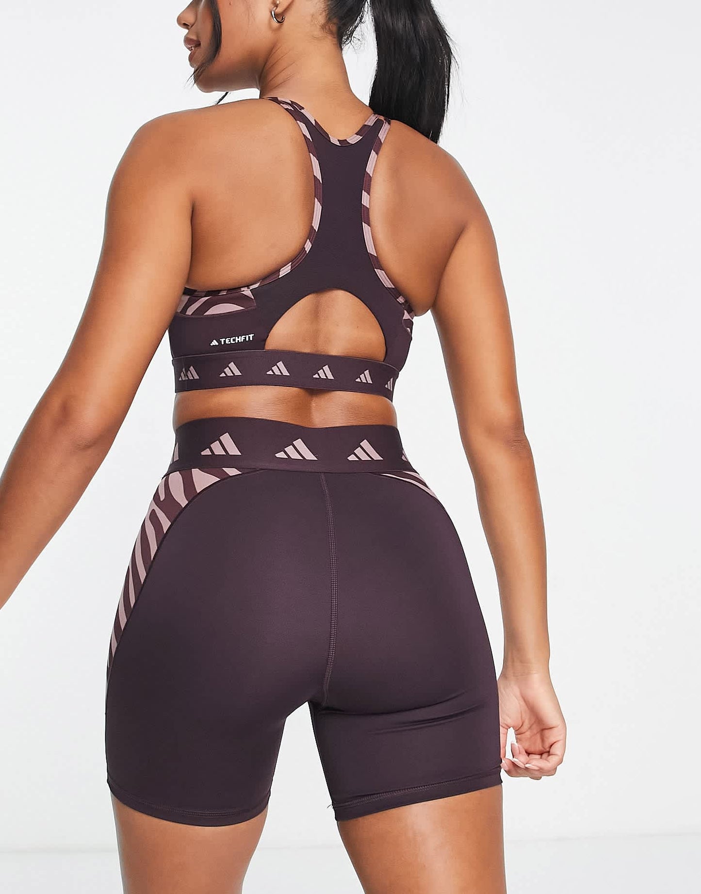 adidas Training Hyperglam panelled zebra print legging shorts in burgundy