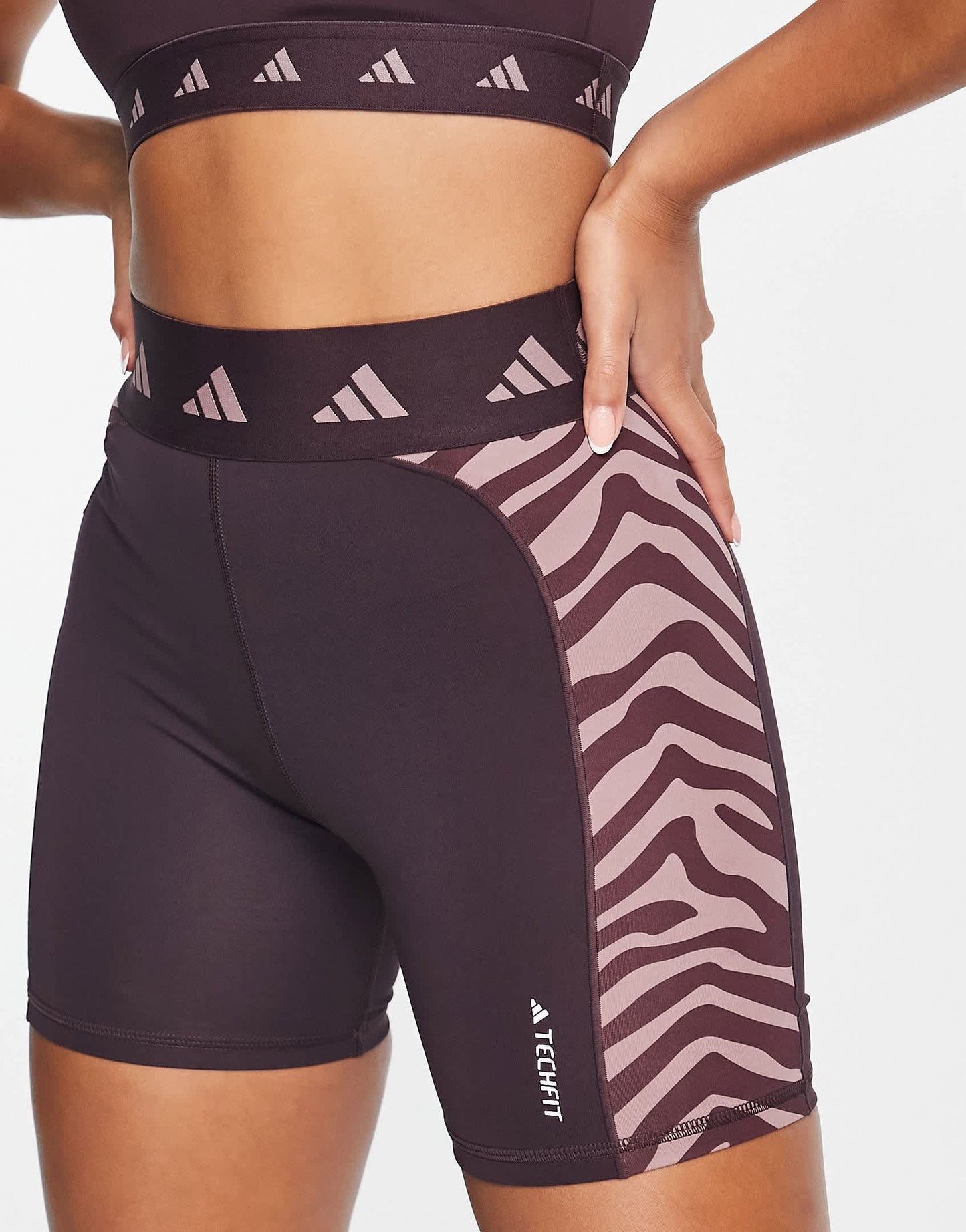 adidas Training Hyperglam panelled zebra print legging shorts in burgundy