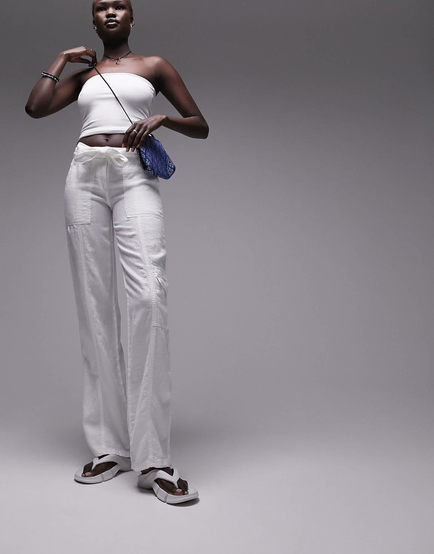 Topshop Tall linen tie waist mid rise straight leg trouser in white