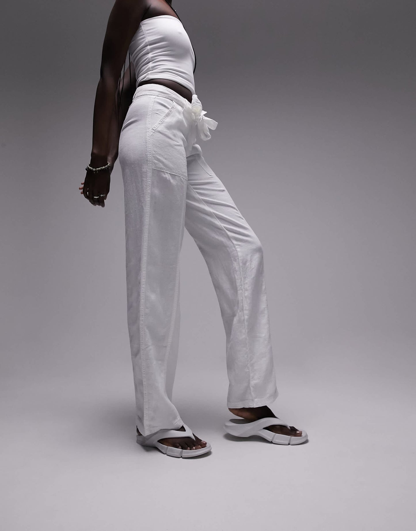 Topshop Tall linen tie waist mid rise straight leg trouser in white