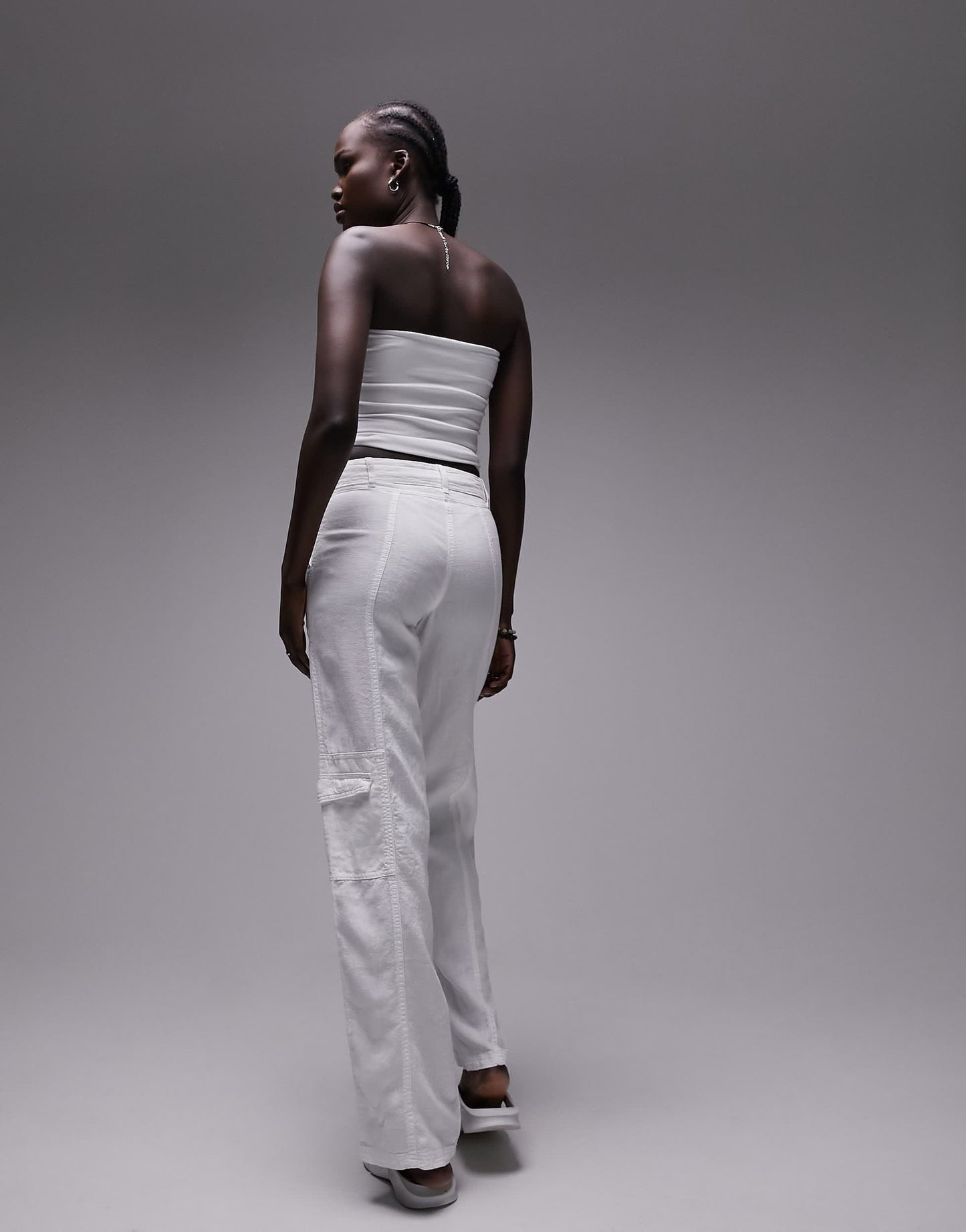 Topshop Tall linen tie waist mid rise straight leg trouser in white