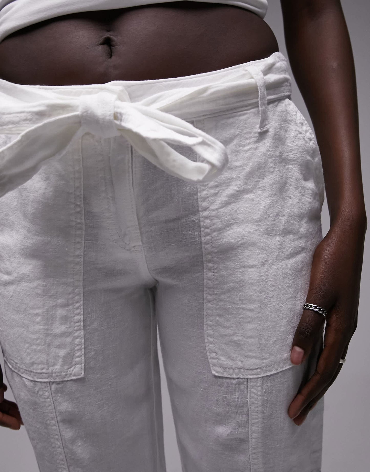 Topshop Tall linen tie waist mid rise straight leg trouser in white