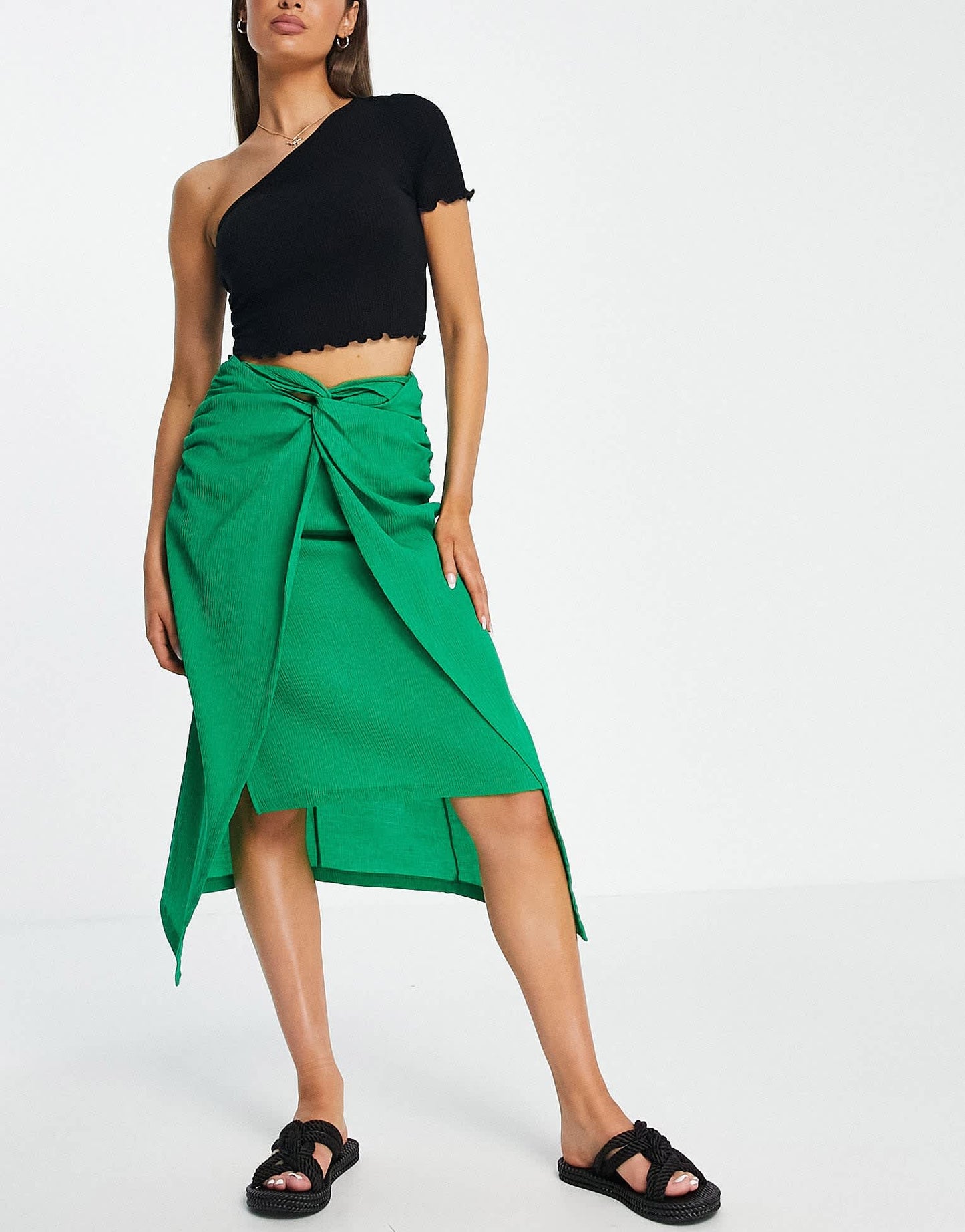 Stradivarius knot front midi skirt in green