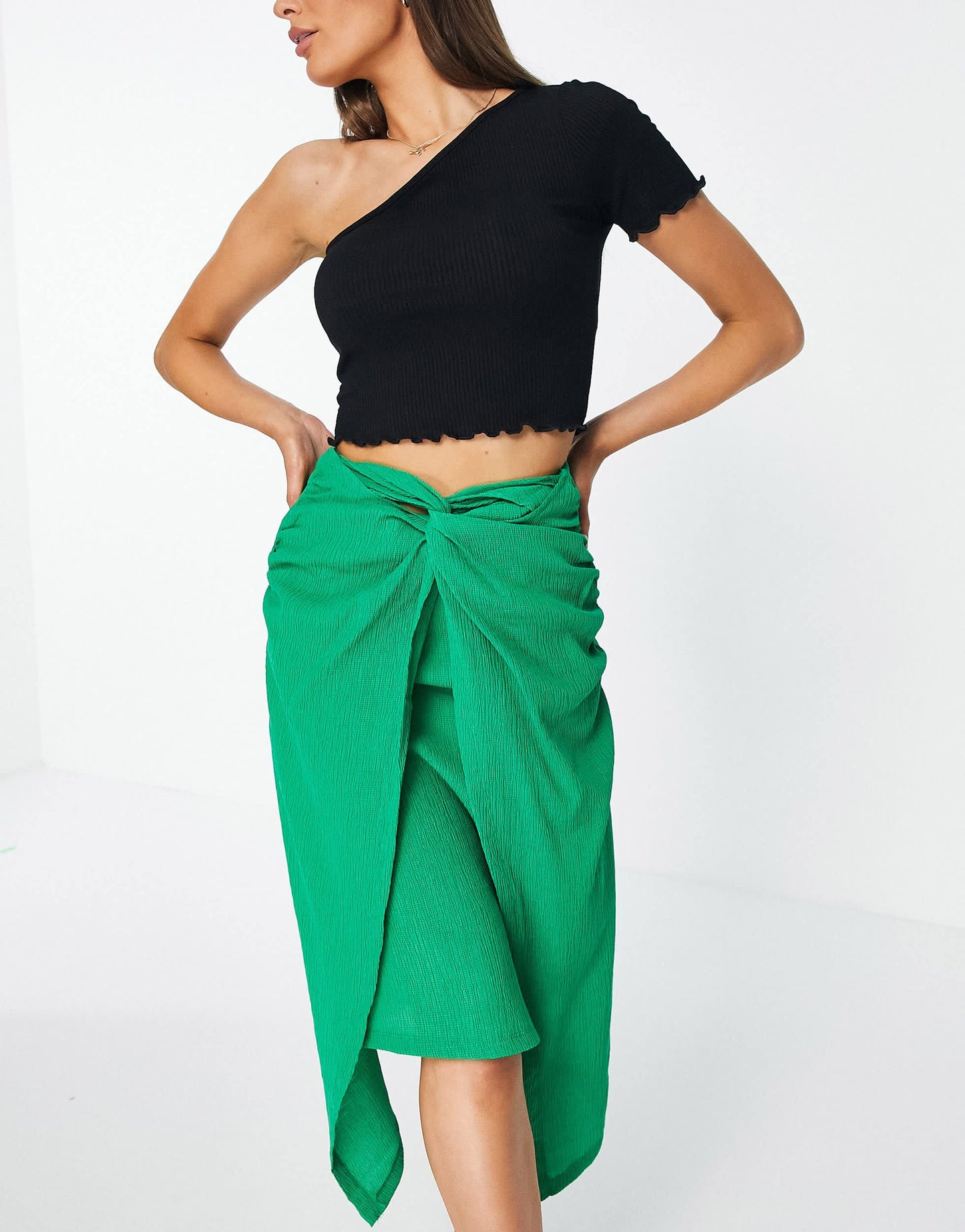 Stradivarius knot front midi skirt in green
