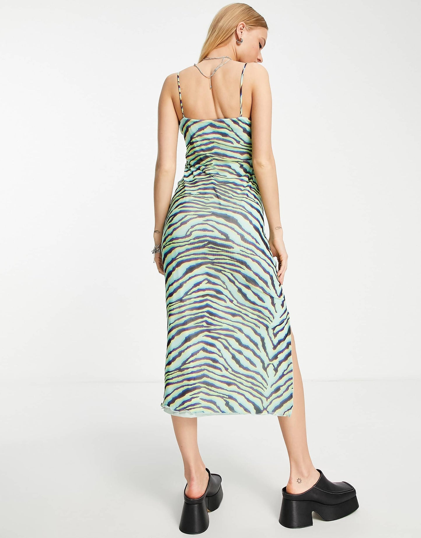 Bershka lace up side midi dress in green zebra print