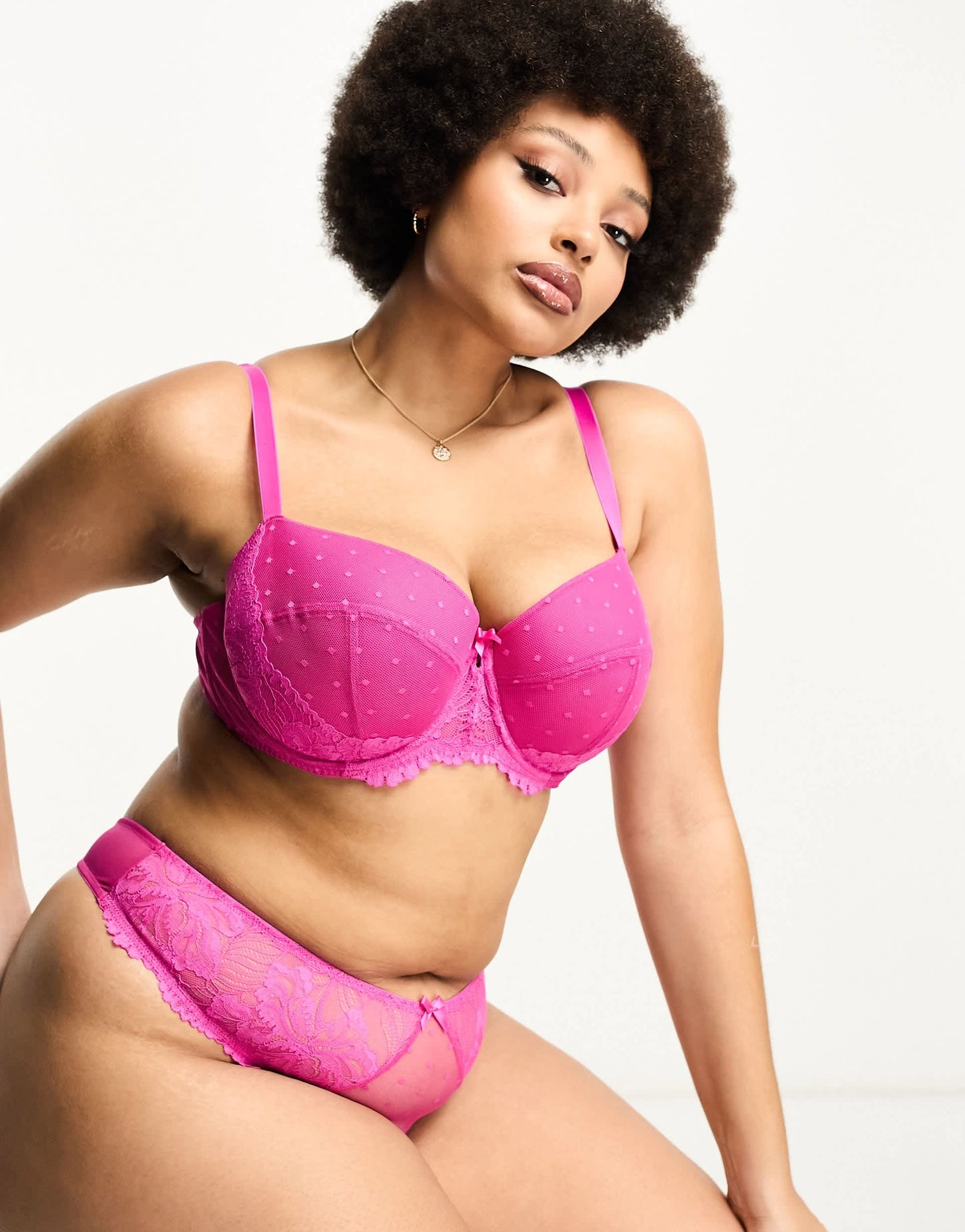 Ivory Rose Curve lace and dobby mesh moulded balconette bra in pink
