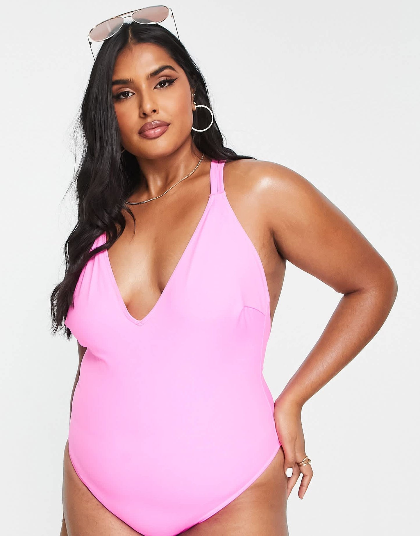 ASOS DESIGN Curve T back swimsuit in bright pink