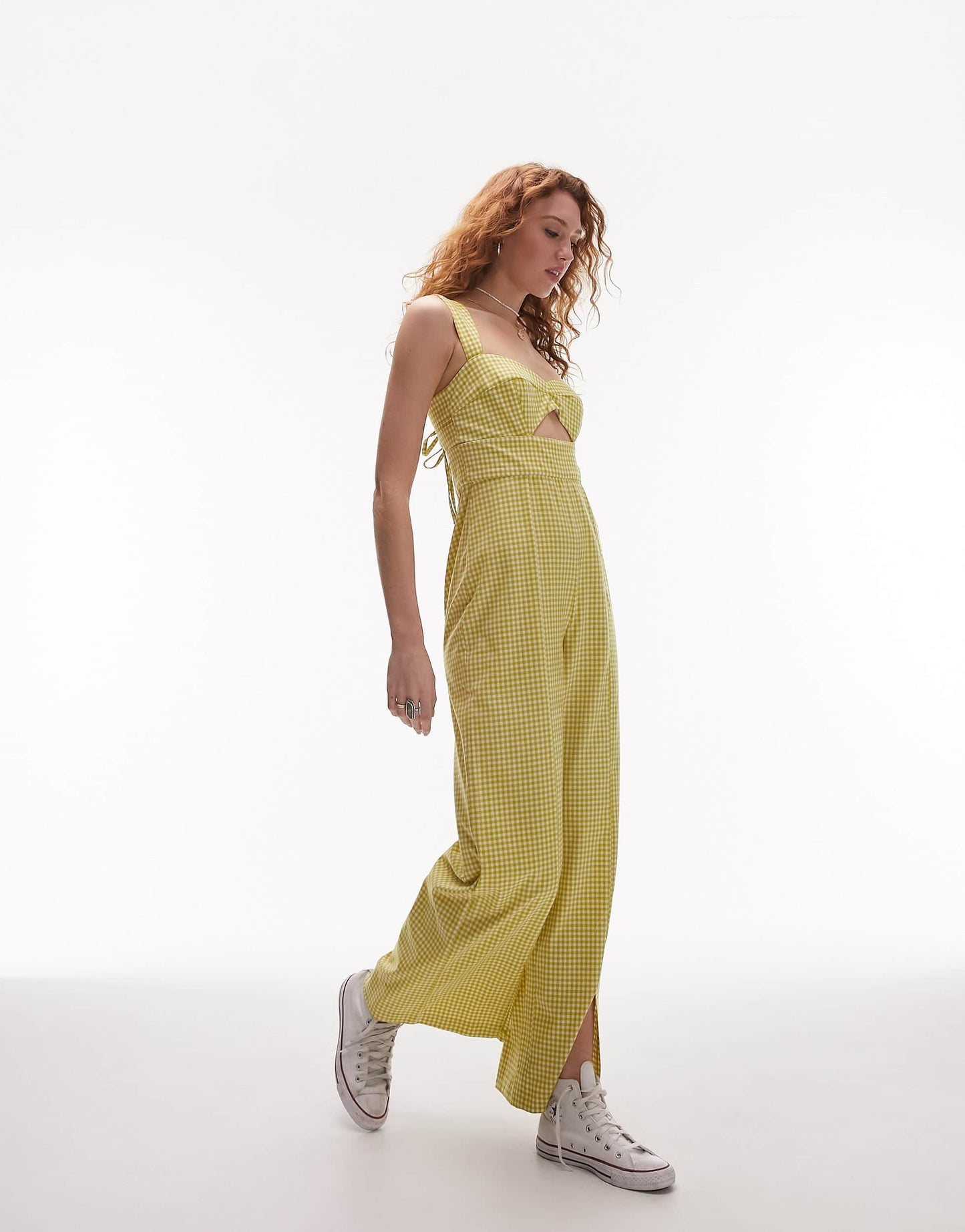 Topshop cut out detail jumpsuit in green gingham
