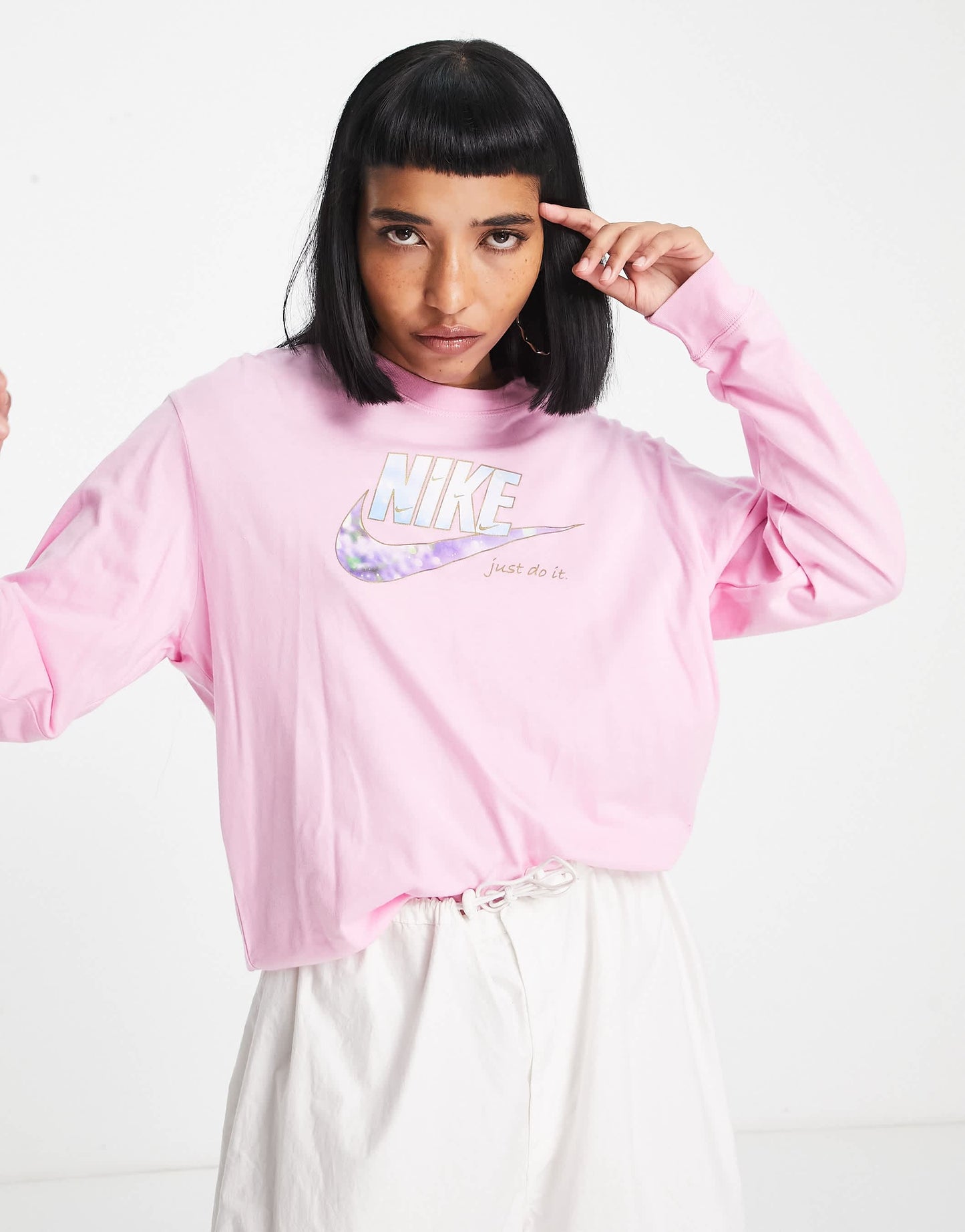 Nike sparkle swoosh graphic logo long sleeve t-shirt in pink