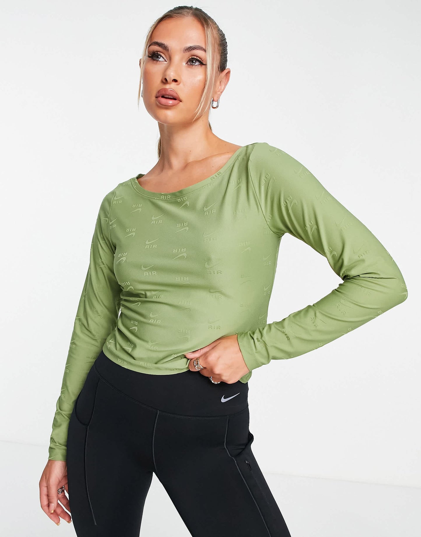 Nike Air jacquard all over logo long sleeved top in alligator green