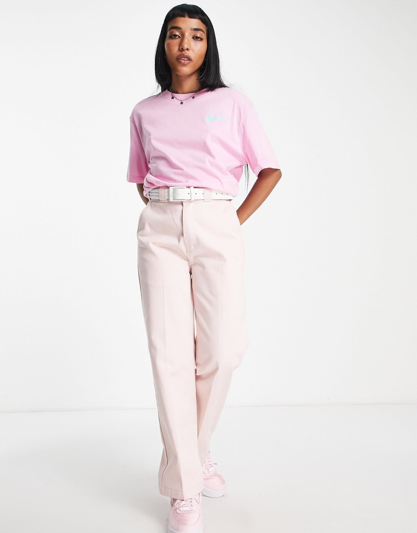 Nike metallic foil swoosh back print boyfriend t-shirt in pink