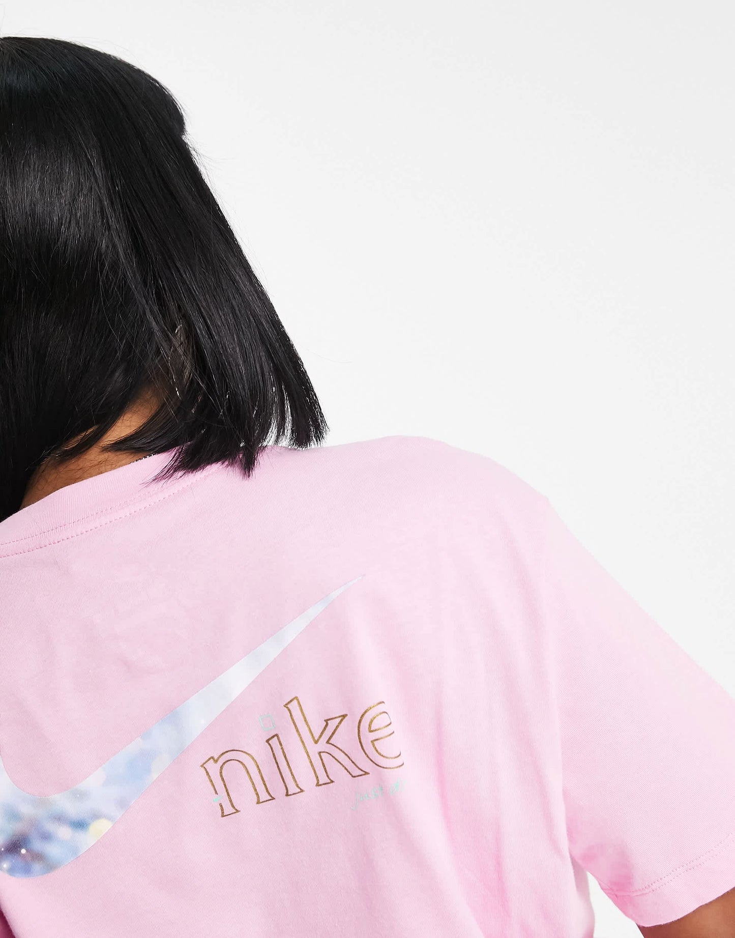 Nike metallic foil swoosh back print boyfriend t-shirt in pink