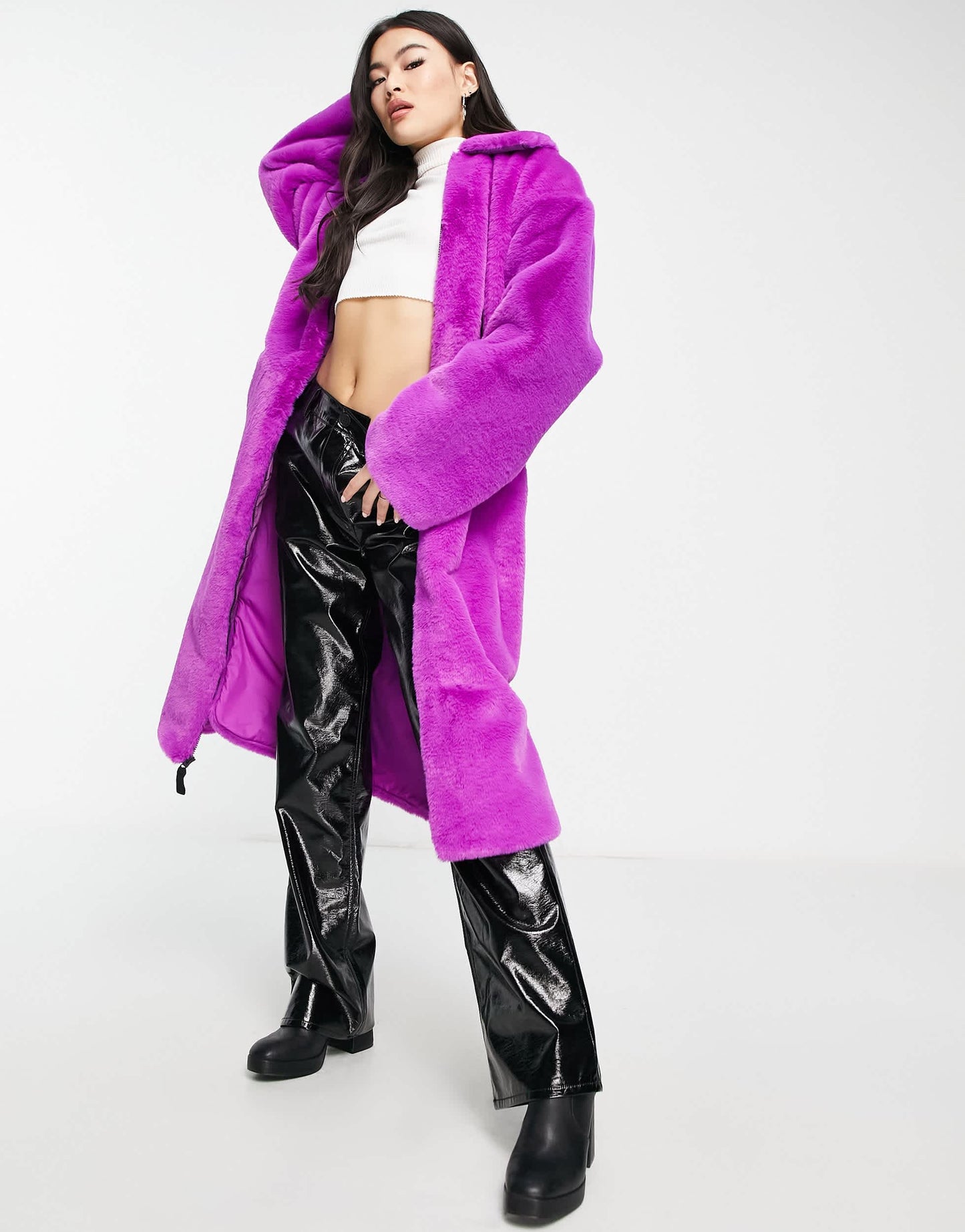 Nike long faux fur swoosh coat in vivid purple and black