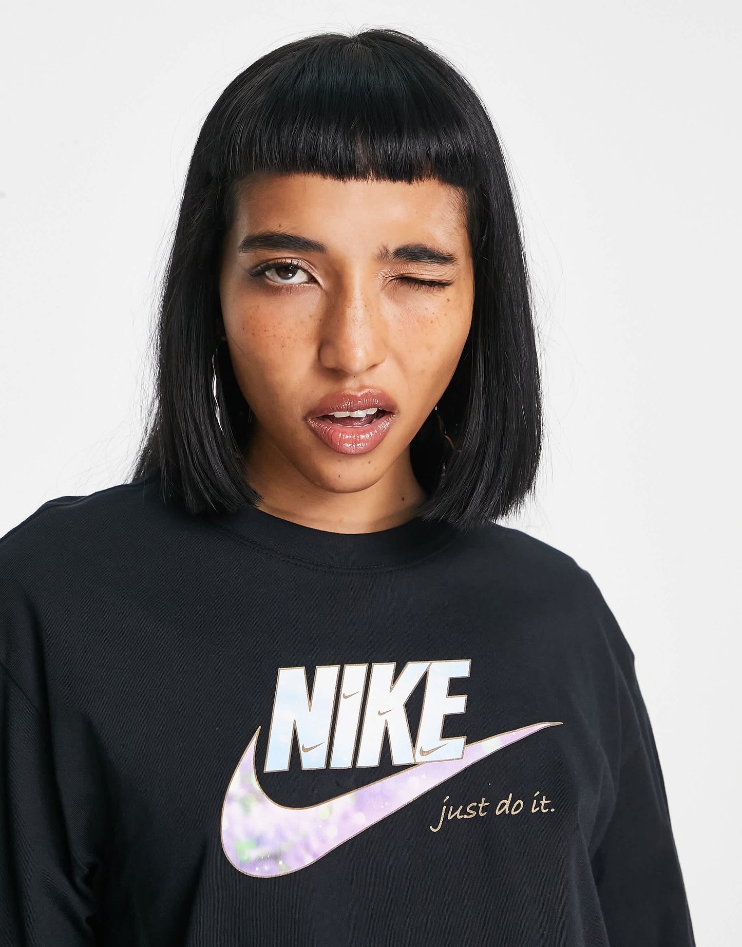 Nike sparkle swoosh graphic logo long sleeve t-shirt in black