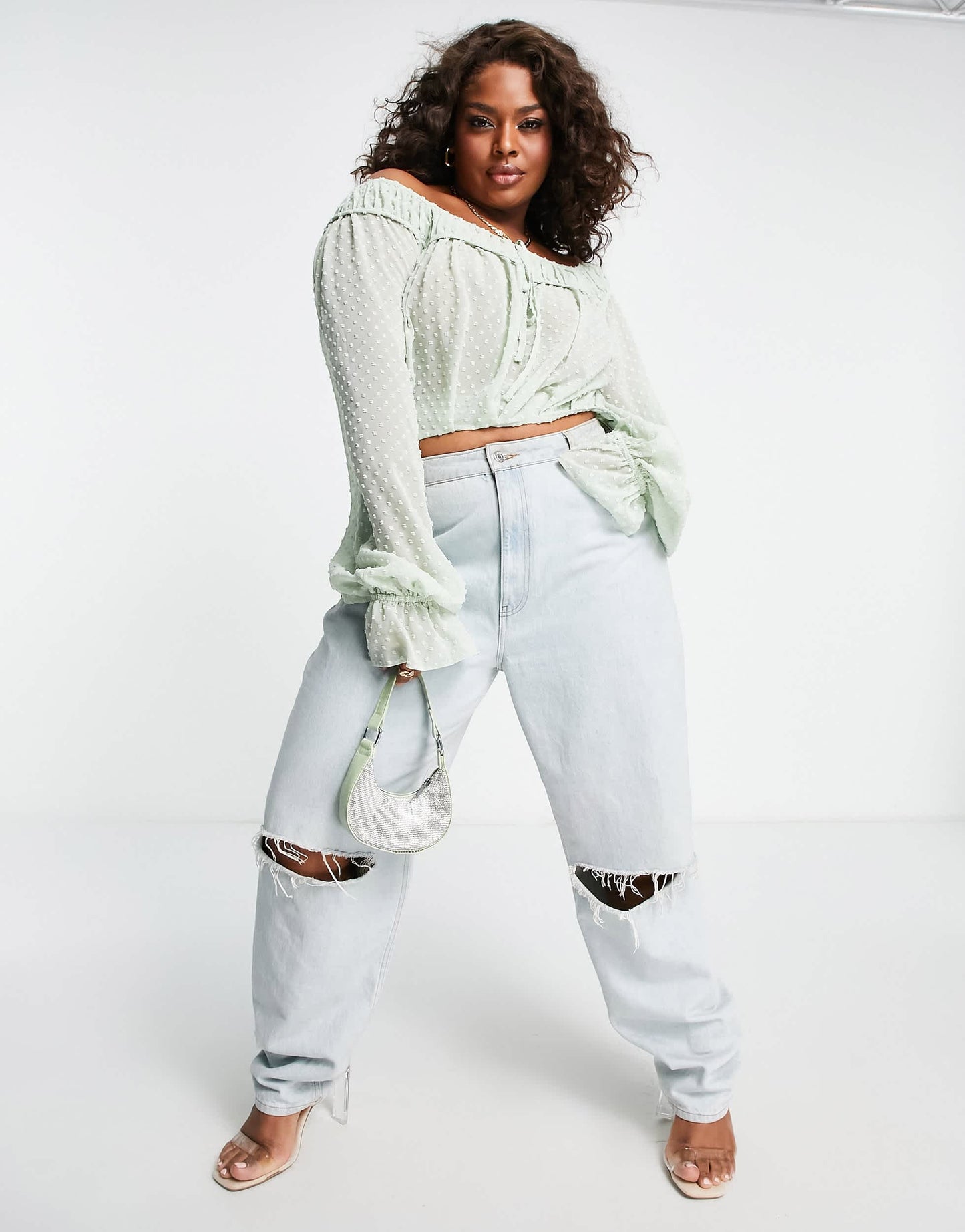 ASOS DESIGN Curve dobby blouse with volume sleeve & tie front in sage green