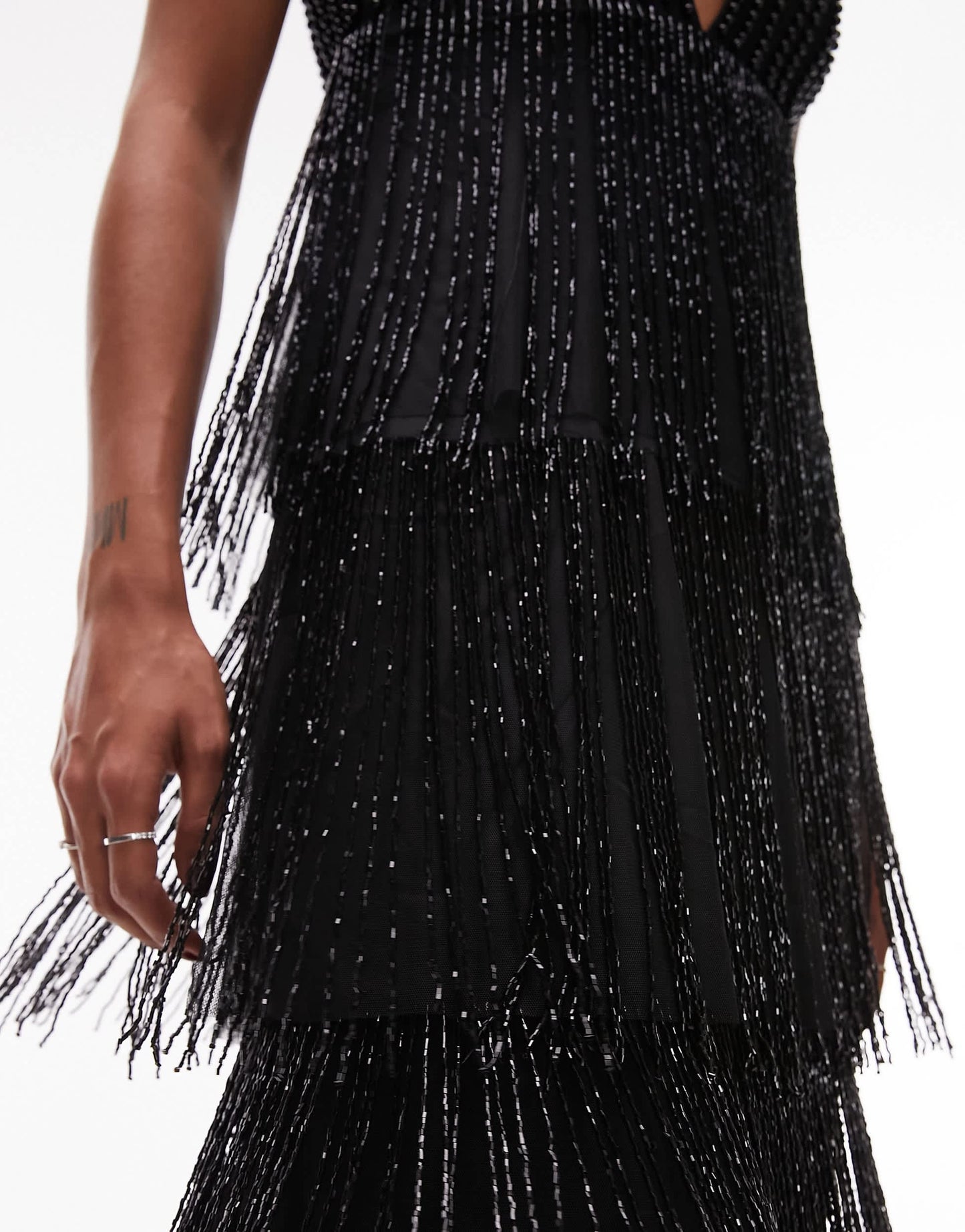 Topshop premium strappy embellished fringe and beaded mix midi dress in black