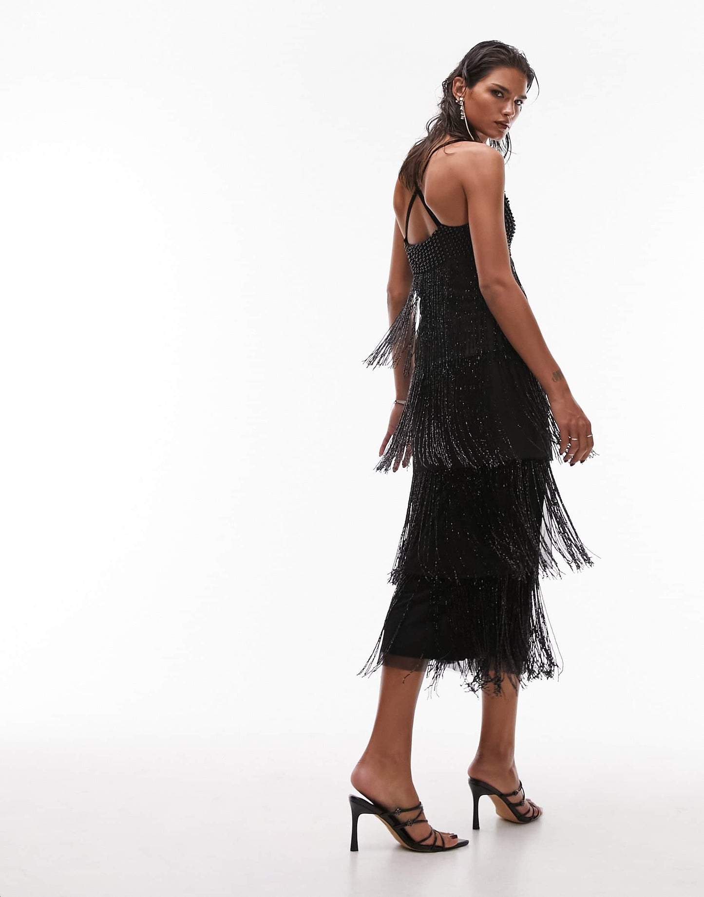 Topshop premium strappy embellished fringe and beaded mix midi dress in black