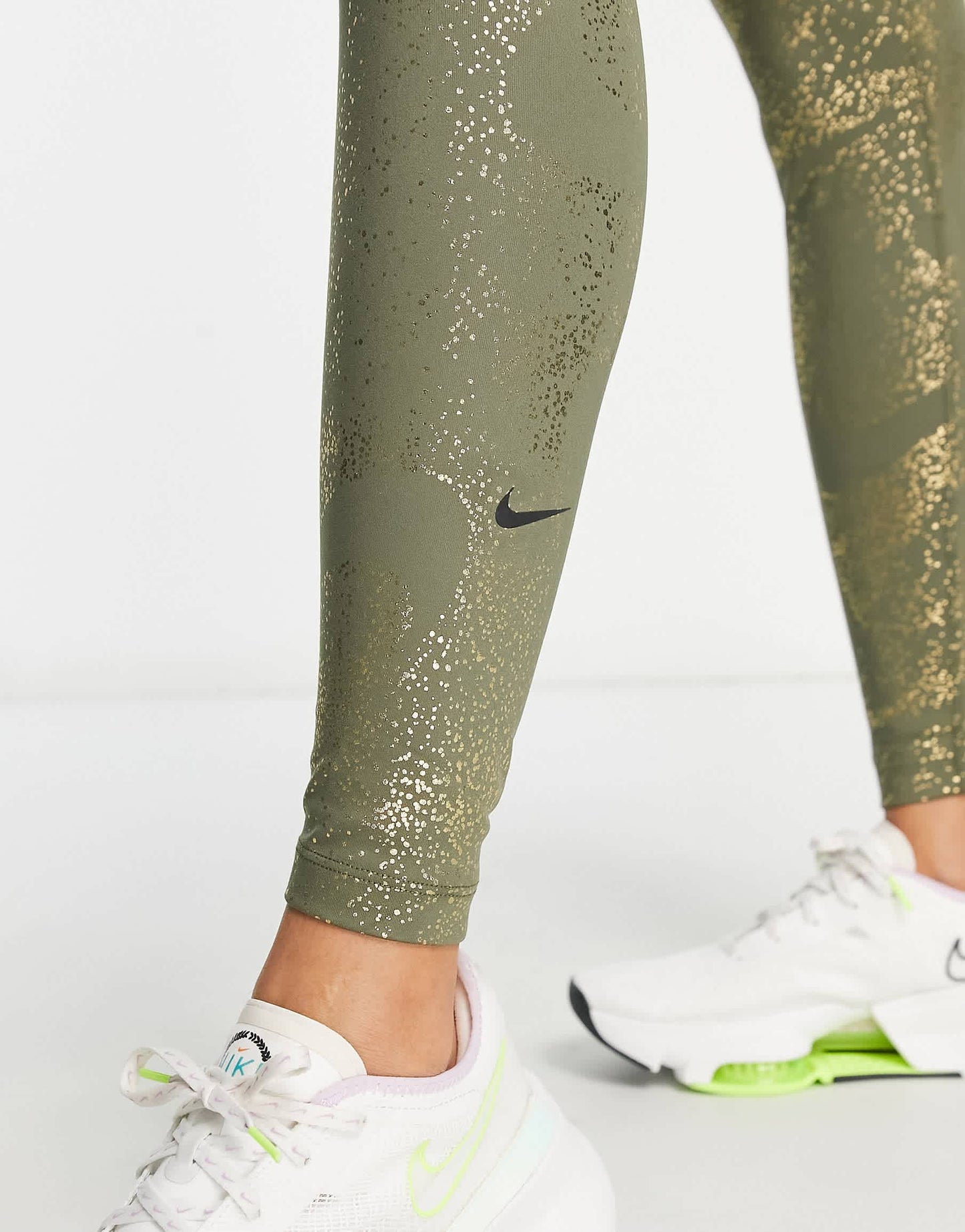 Nike One Training Dri-FIT glitter printed mid rise leggings in khaki