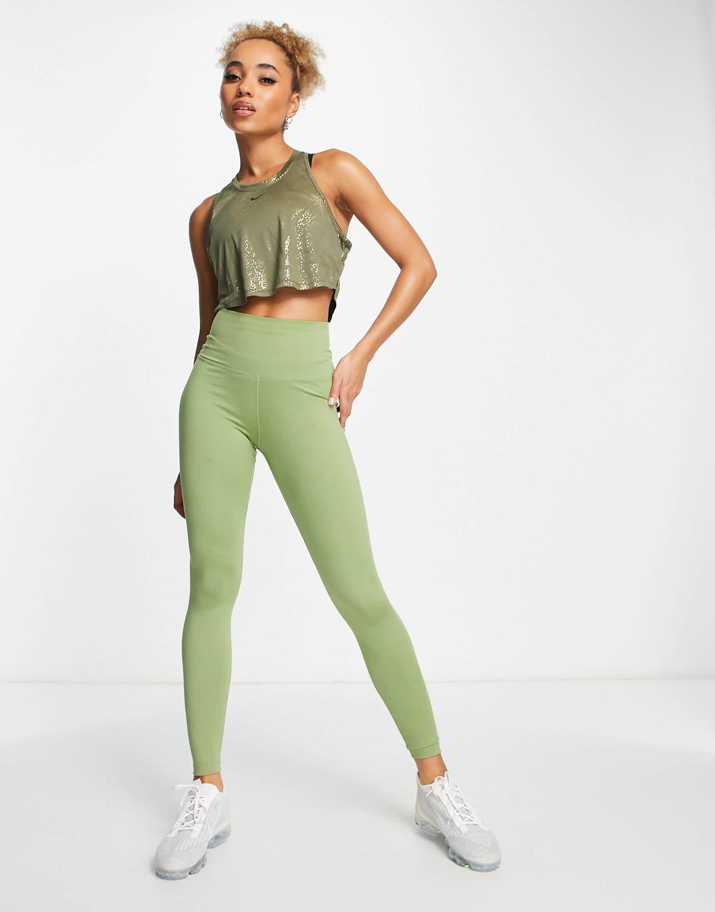 Nike One Training Dri-FIT glitter printed cropped t-shirt in khaki