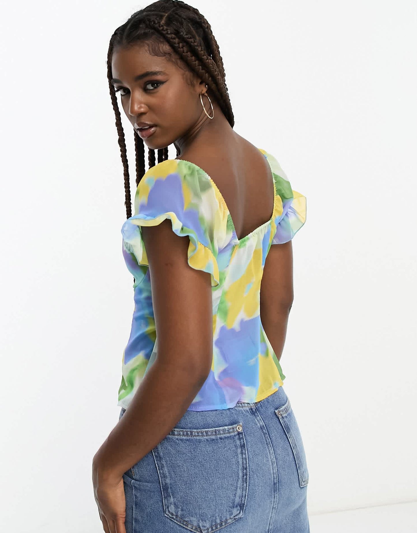 ASOS DESIGN soft corset top with hook & eye in blurred floral print