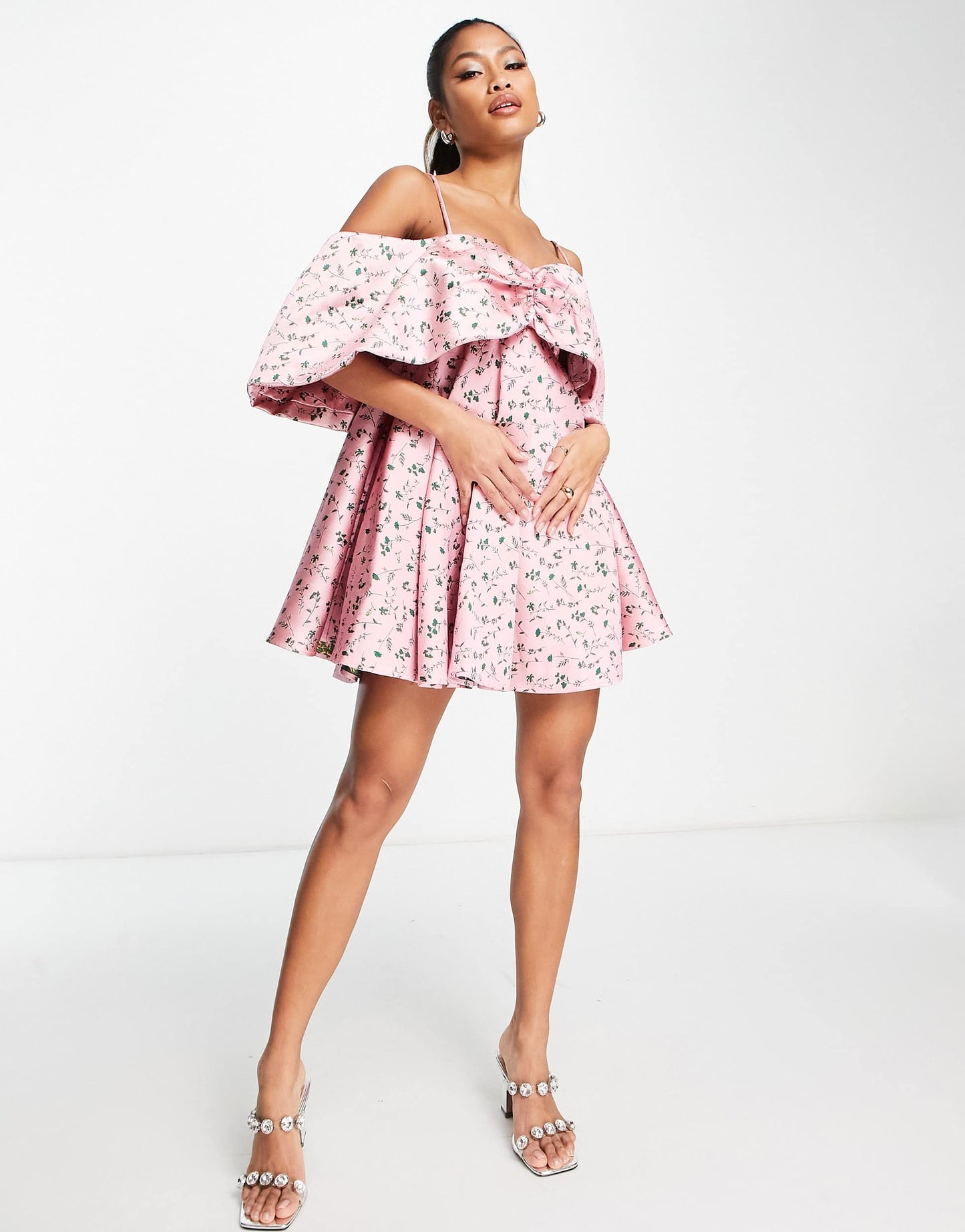 ASOS EDITION off shoulder drape sleeve textured mini dress in pink floral jacquard