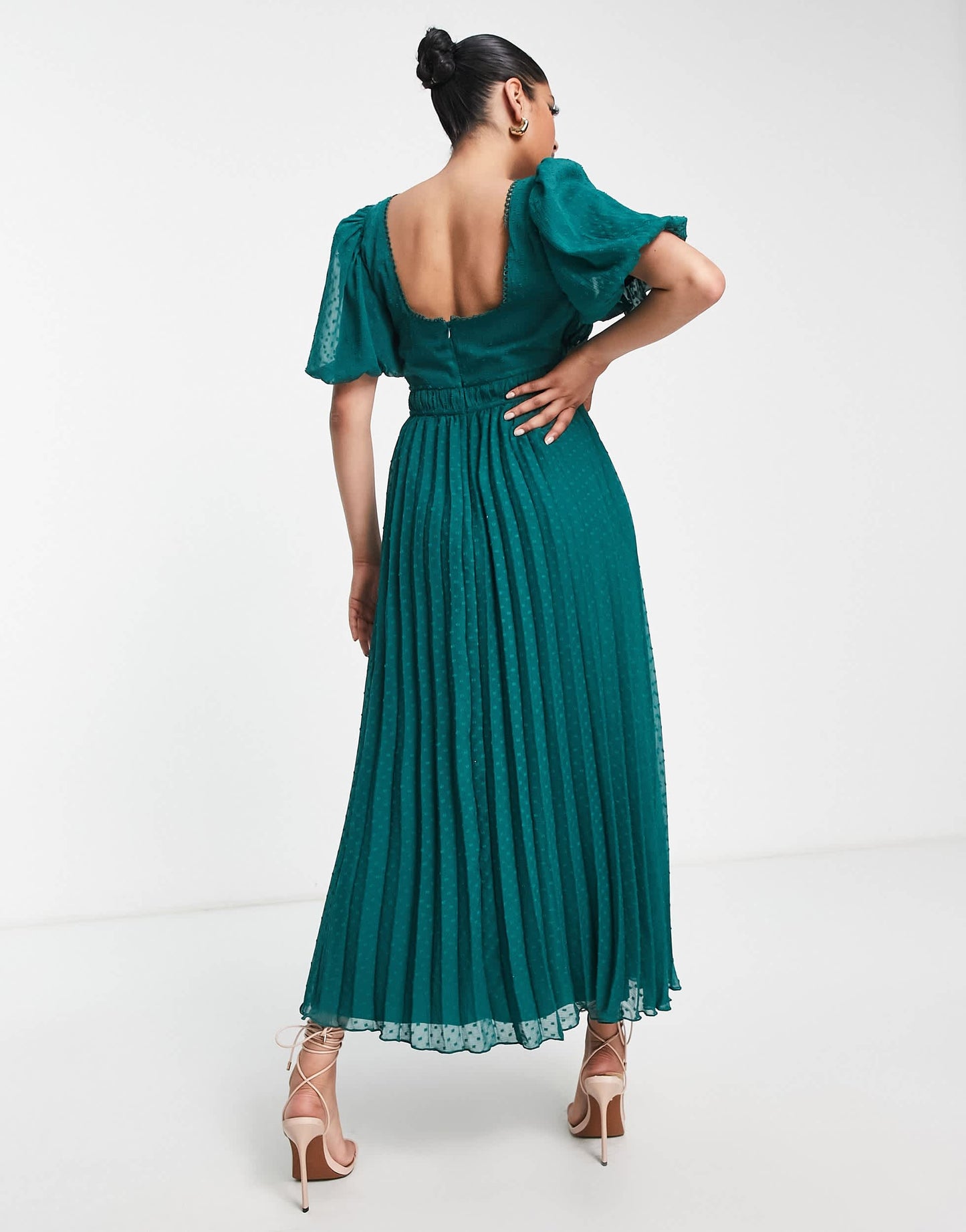 ASOS DESIGN puff sleeve pleated dobby midi dress with scallop trim in forest green