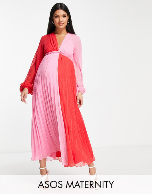ASOS DESIGN Maternity dobby twist front pleated midi dress in red and pink colourblock