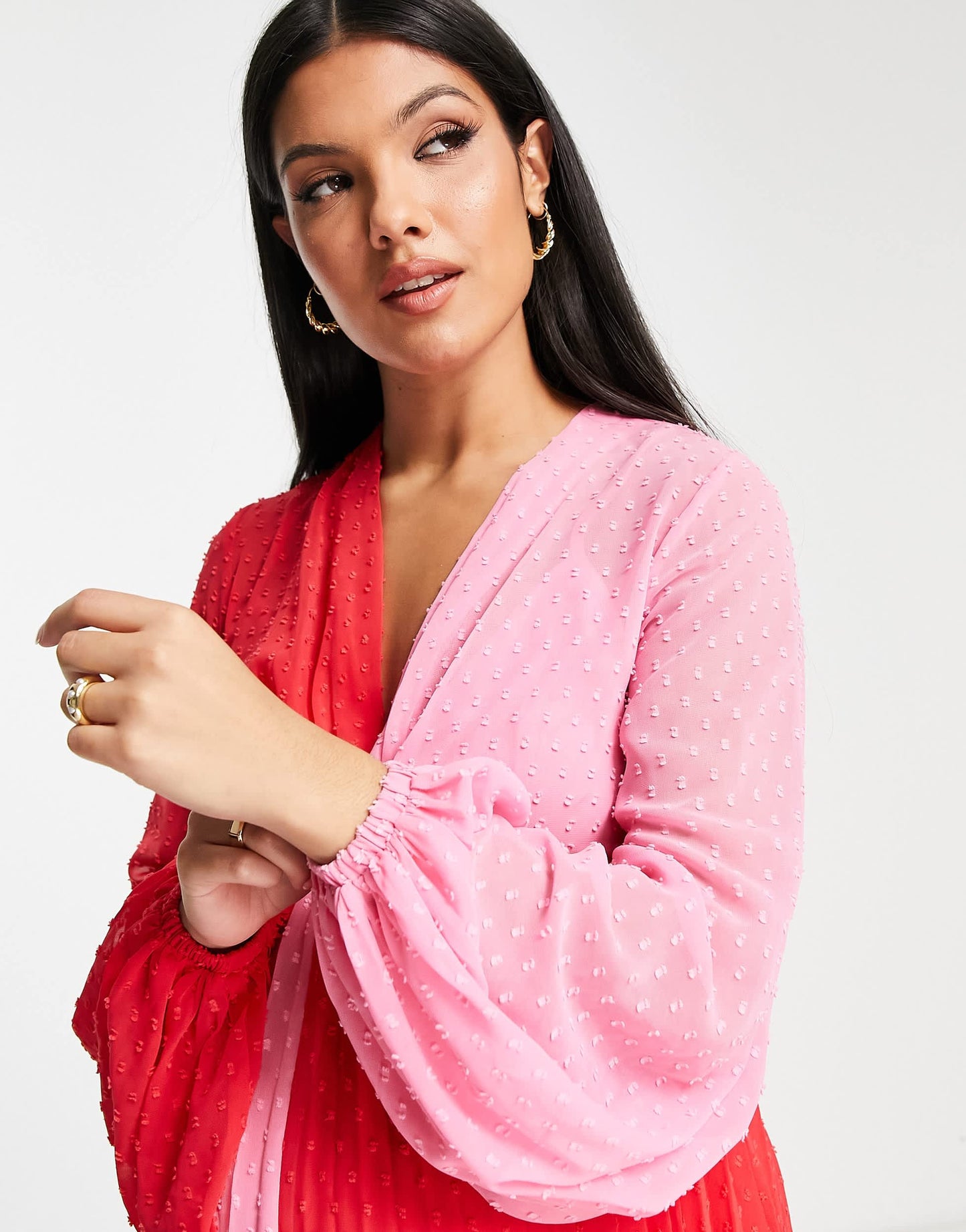 ASOS DESIGN Maternity dobby twist front pleated midi dress in red and pink colourblock