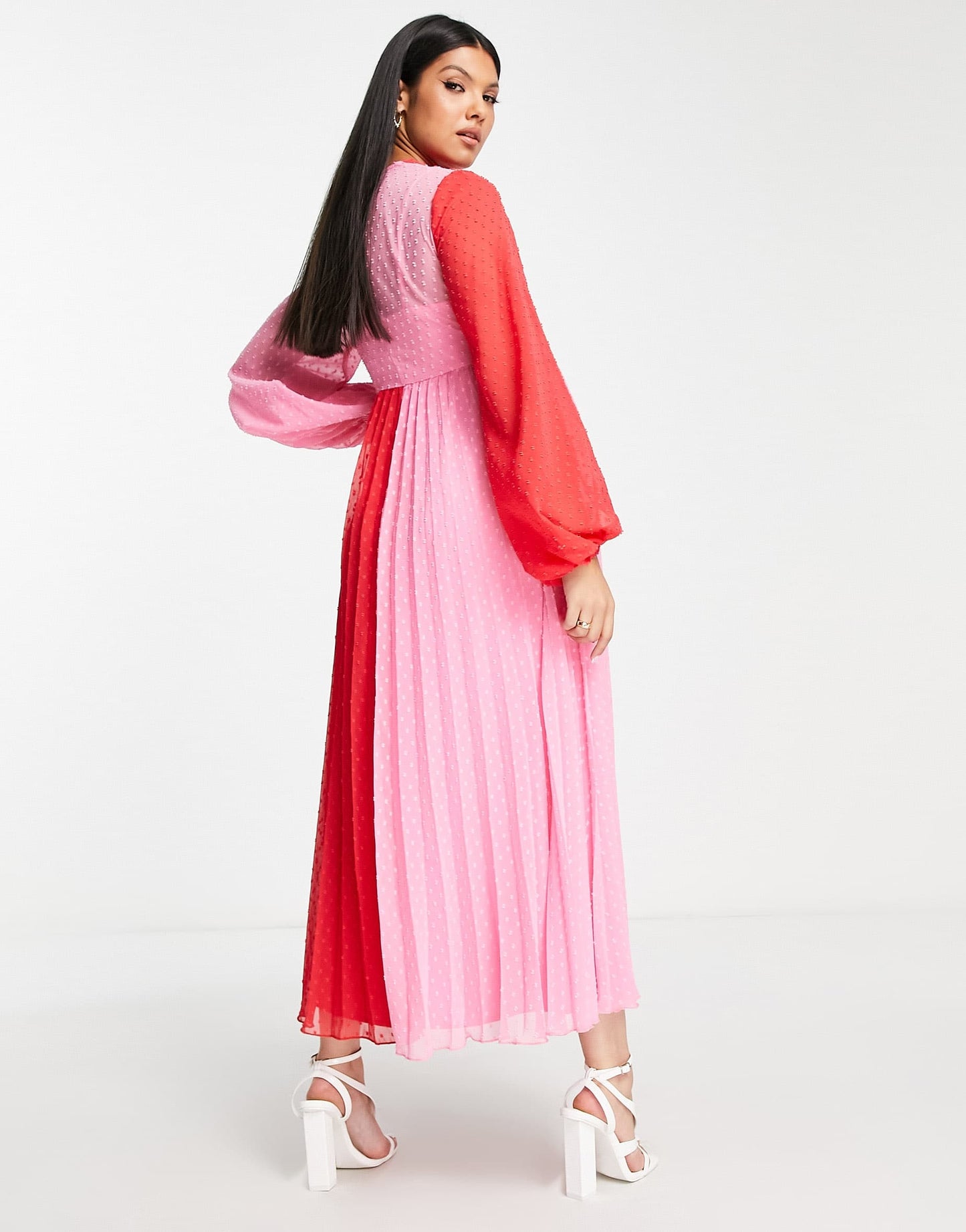ASOS DESIGN Maternity dobby twist front pleated midi dress in red and pink colourblock