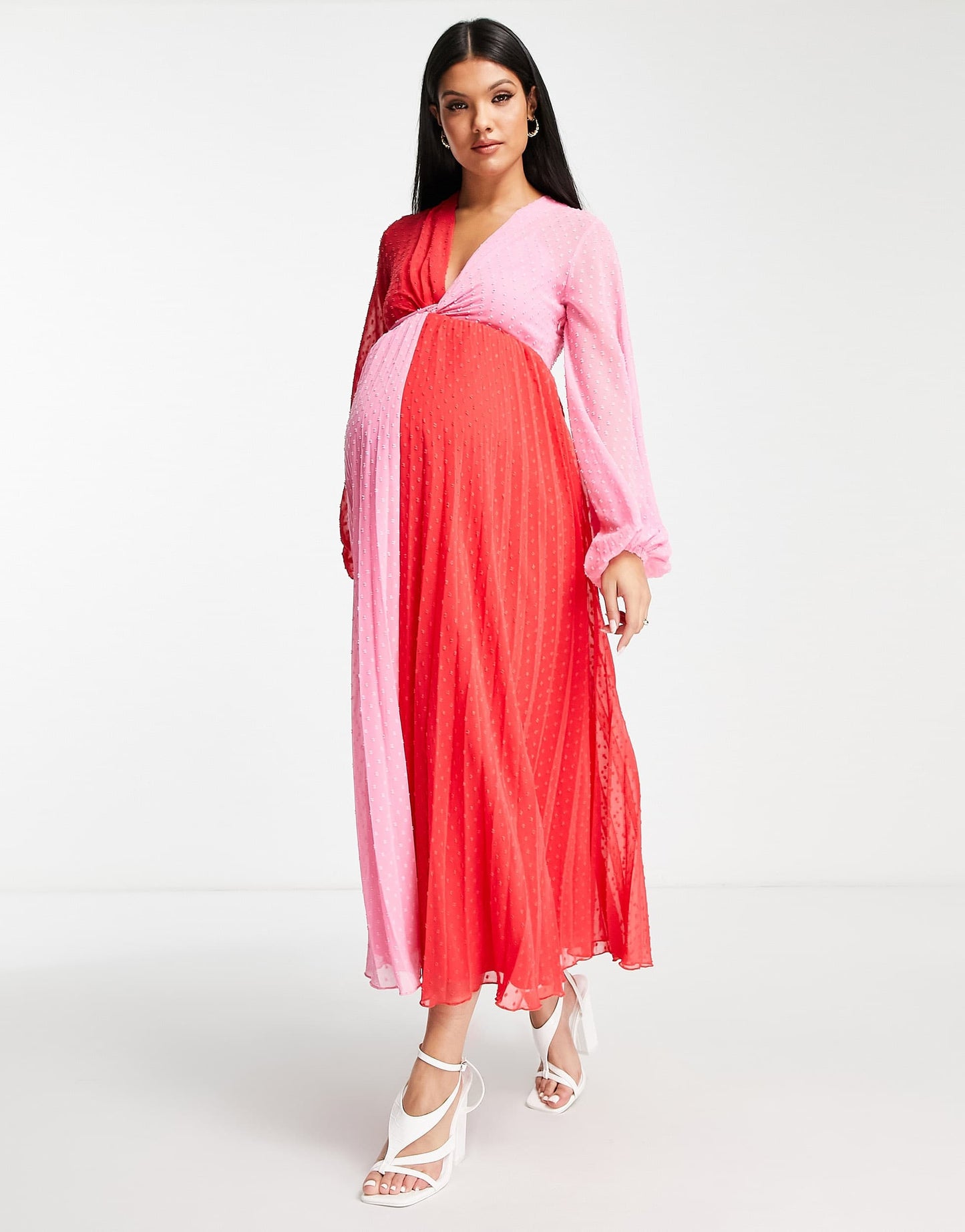 ASOS DESIGN Maternity dobby twist front pleated midi dress in red and pink colourblock