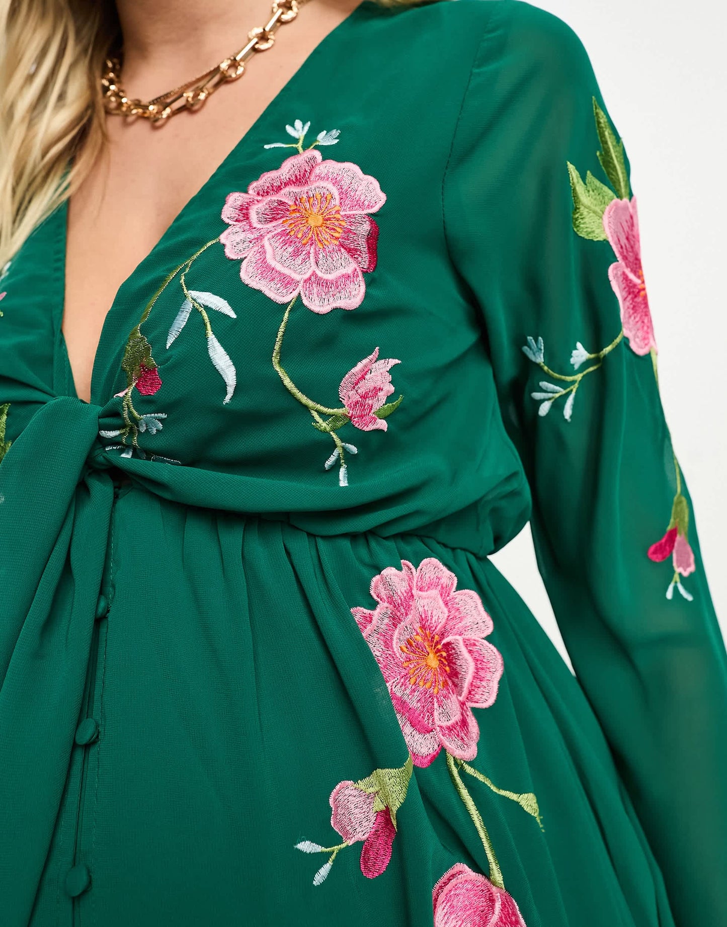 ASOS DESIGN Maternity tie front button through midi dress with floral embroidery in forest green