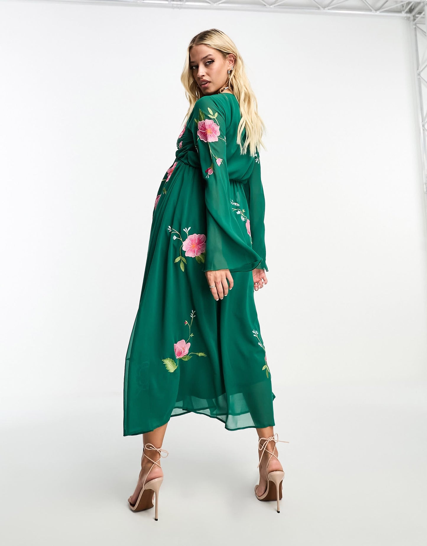 ASOS DESIGN Maternity tie front button through midi dress with floral embroidery in forest green