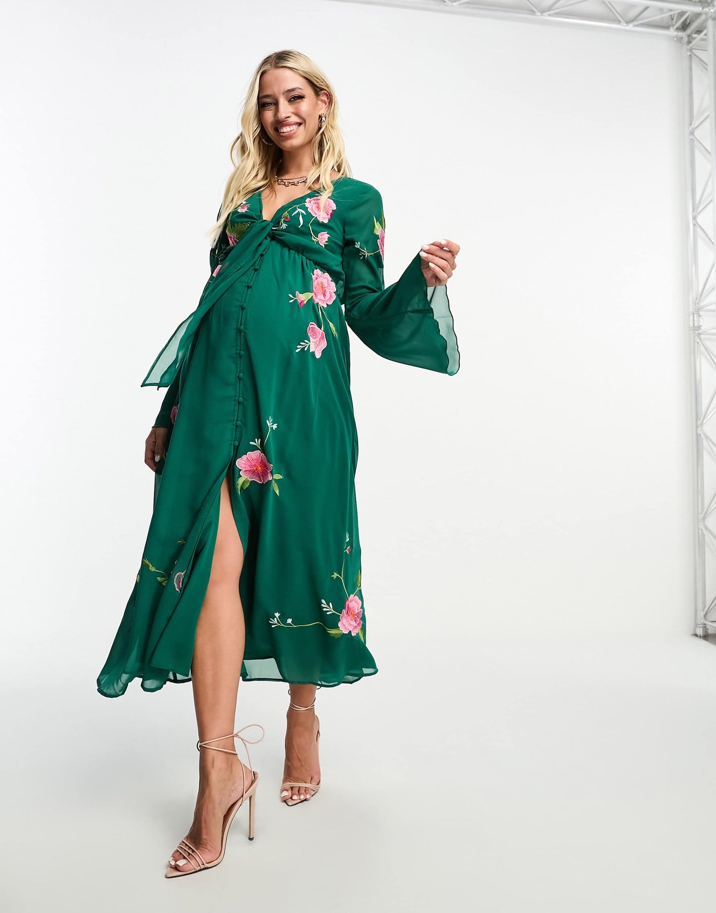 ASOS DESIGN Maternity tie front button through midi dress with floral embroidery in forest green