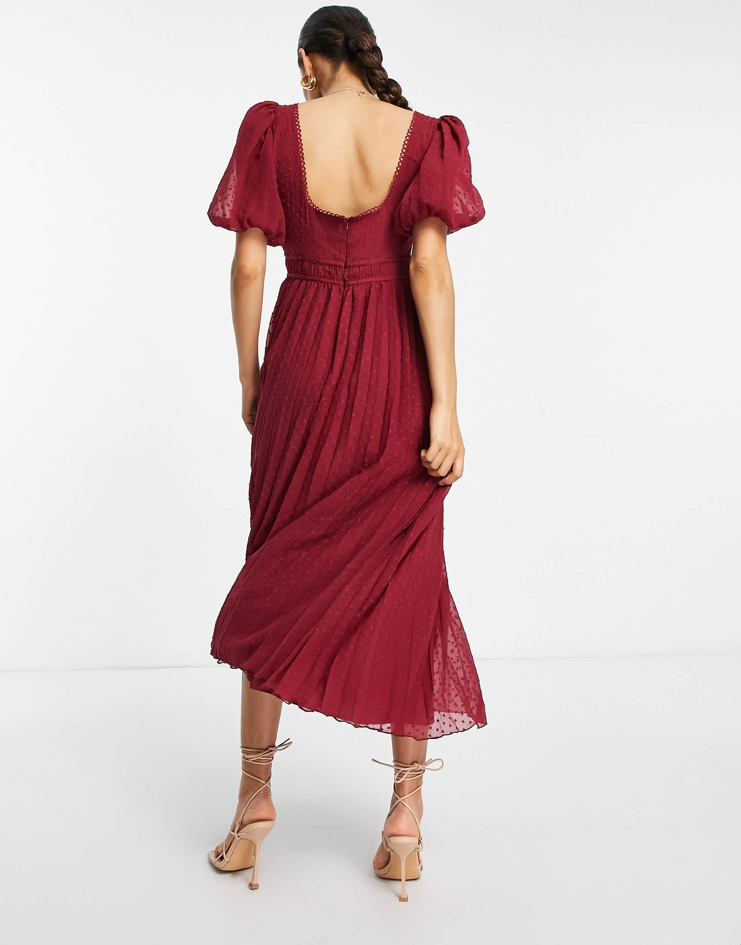 ASOS DESIGN Petite puff sleeve pleated dobby midi dress with scallop trim in burgundy