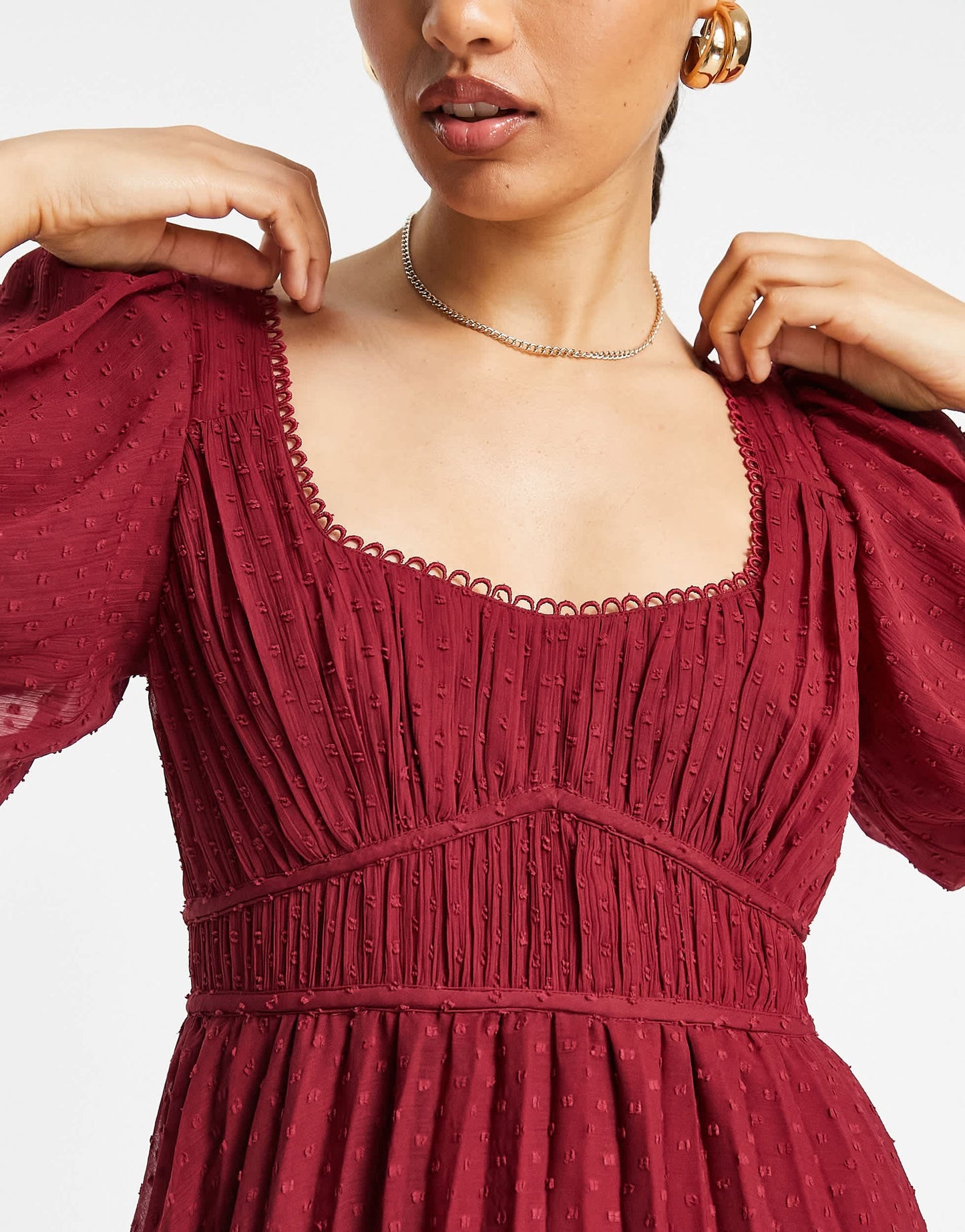 ASOS DESIGN Petite puff sleeve pleated dobby midi dress with scallop trim in burgundy