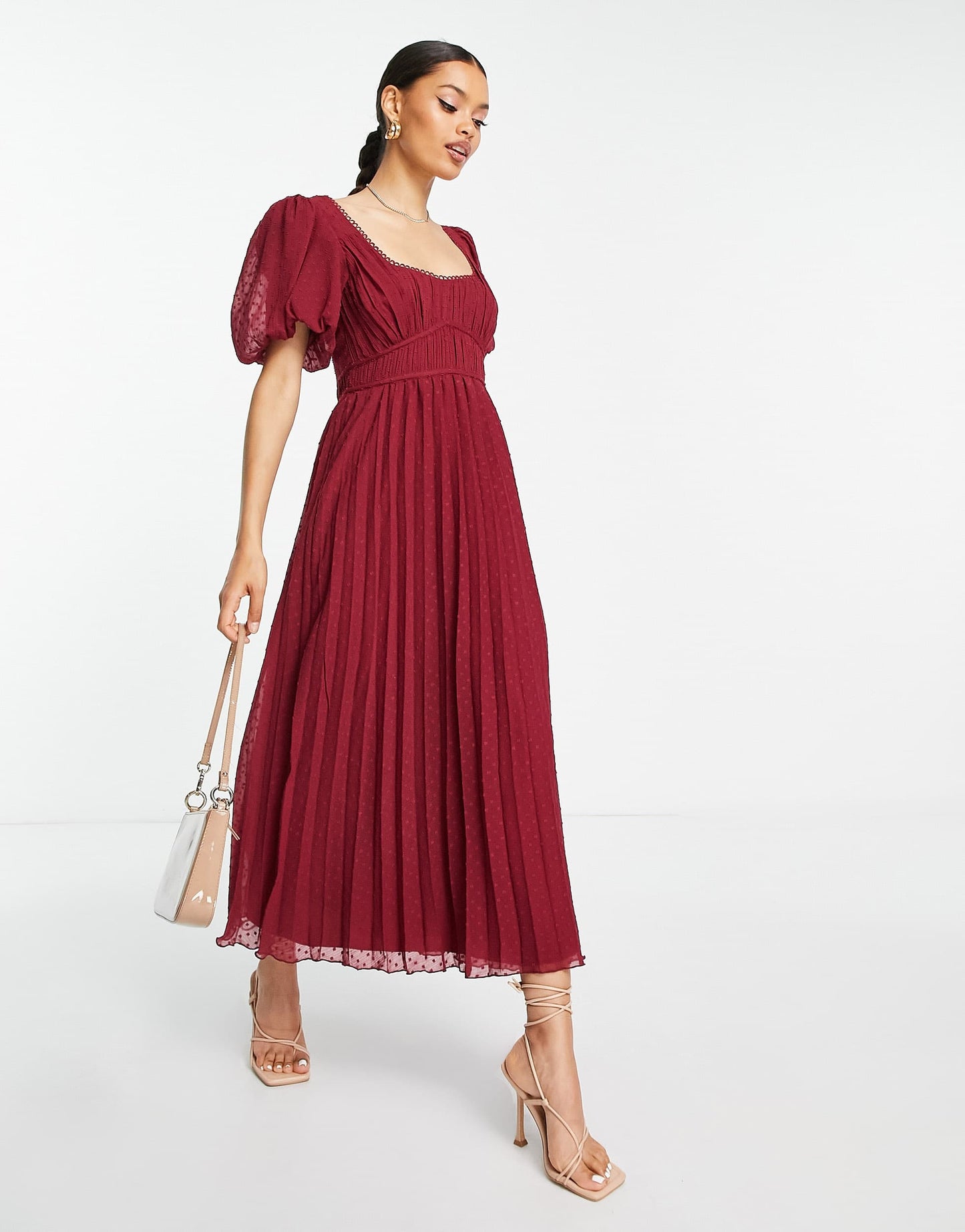 ASOS DESIGN Petite puff sleeve pleated dobby midi dress with scallop trim in burgundy