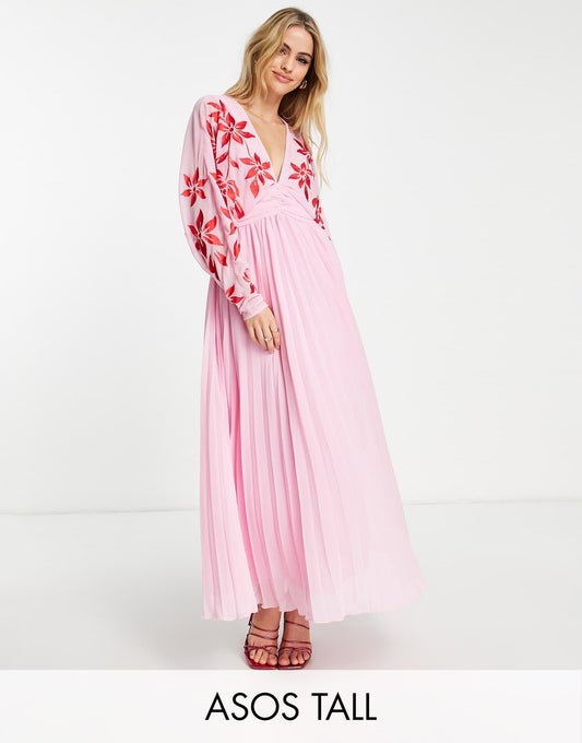 ASOS DESIGN Tall batwing plunge pleated maxi dress with embroidery in pink