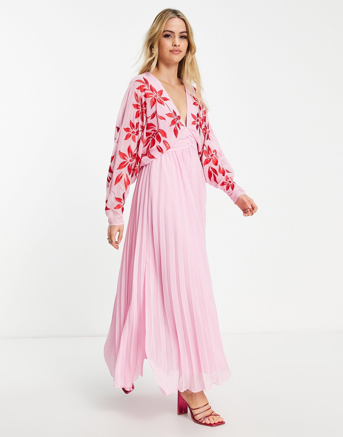 ASOS DESIGN Tall batwing plunge pleated maxi dress with embroidery in pink