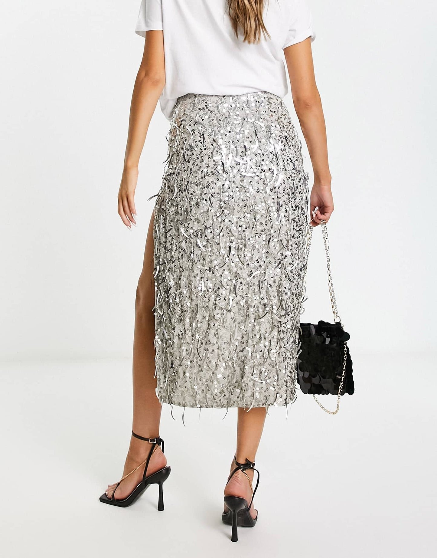ASOS DESIGN embellished sequin midi skirt in silver