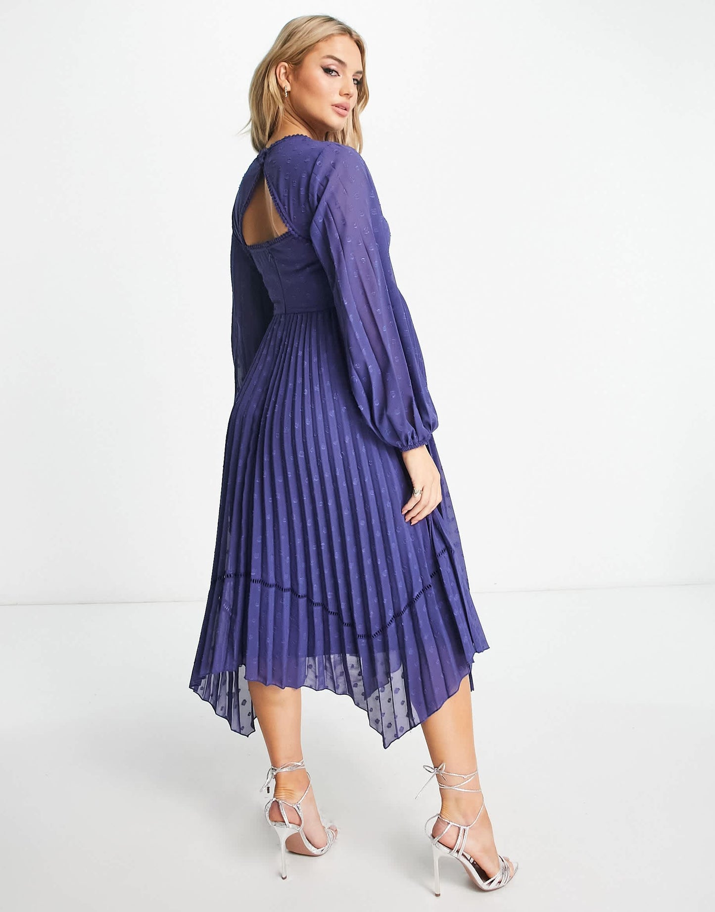 ASOS DESIGN Maternity v front trim detail pleated dobby midi dress in navy