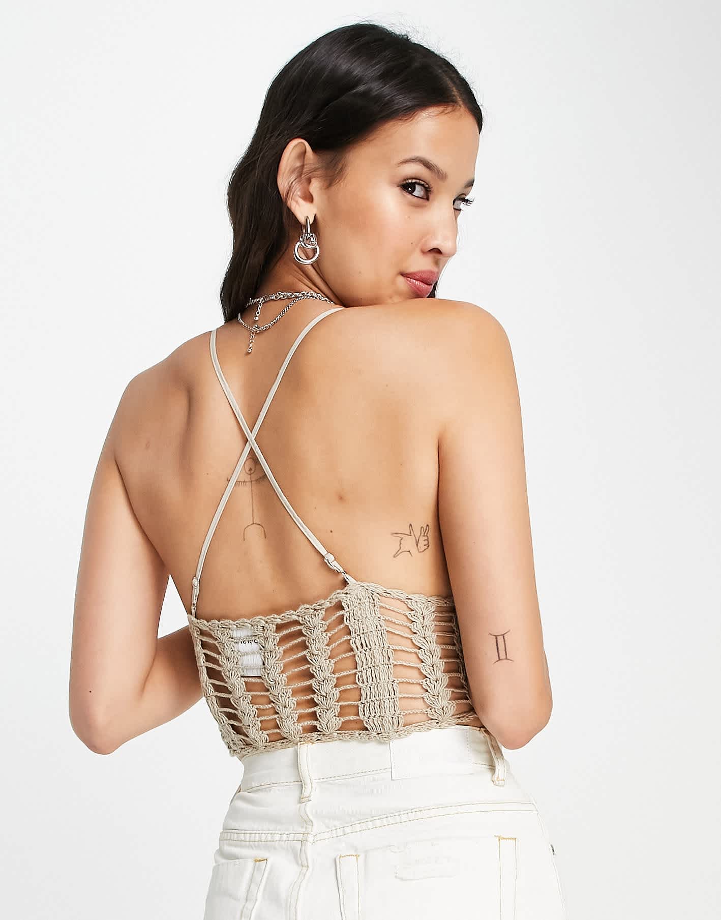 Bershka tie up crochet top in taupe