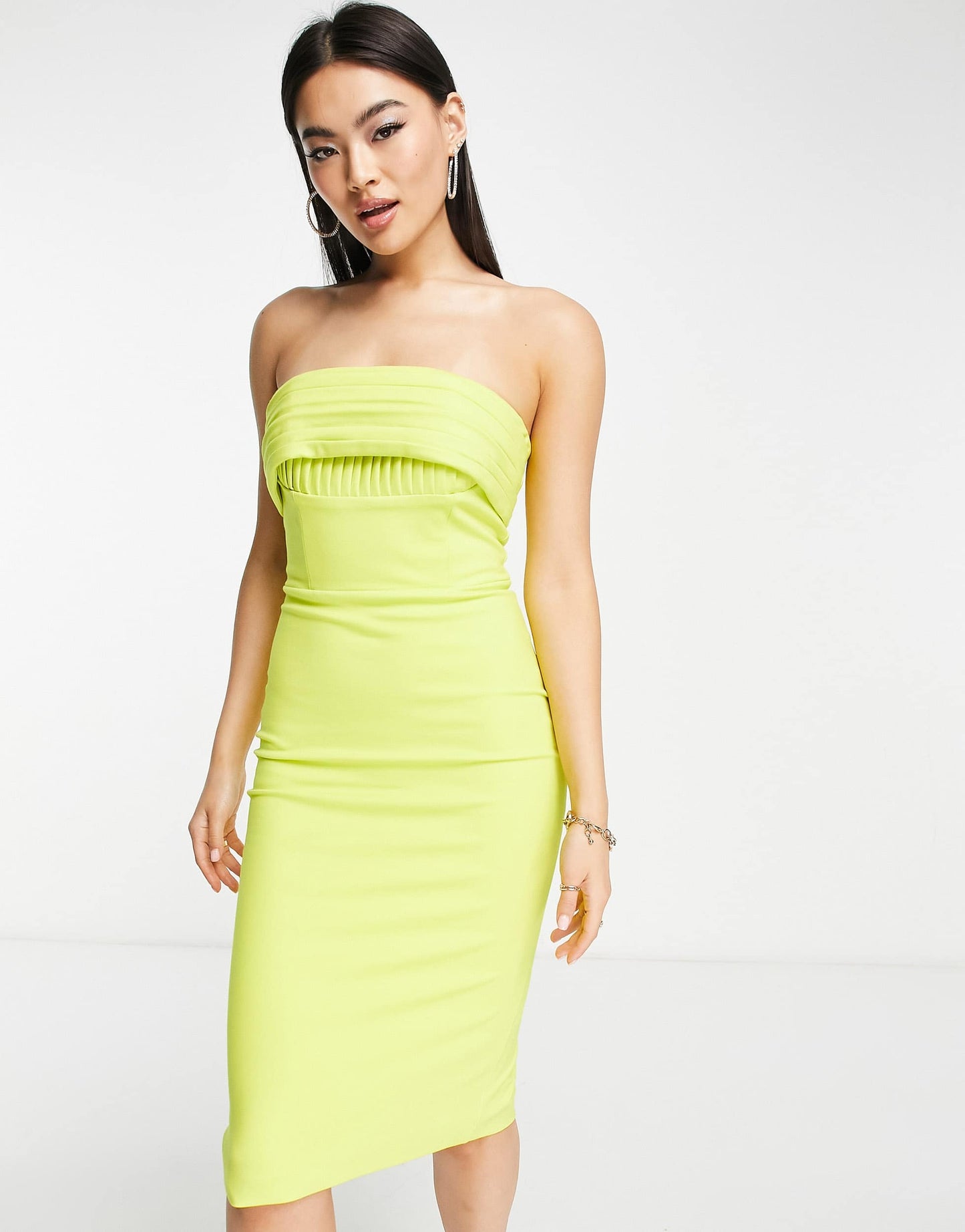 Lavish Alice bandeau pleat detail midi dress in lime