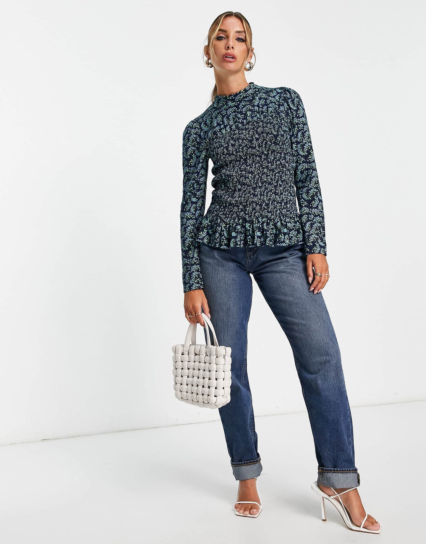 Whistles shirred blouse in blue star print